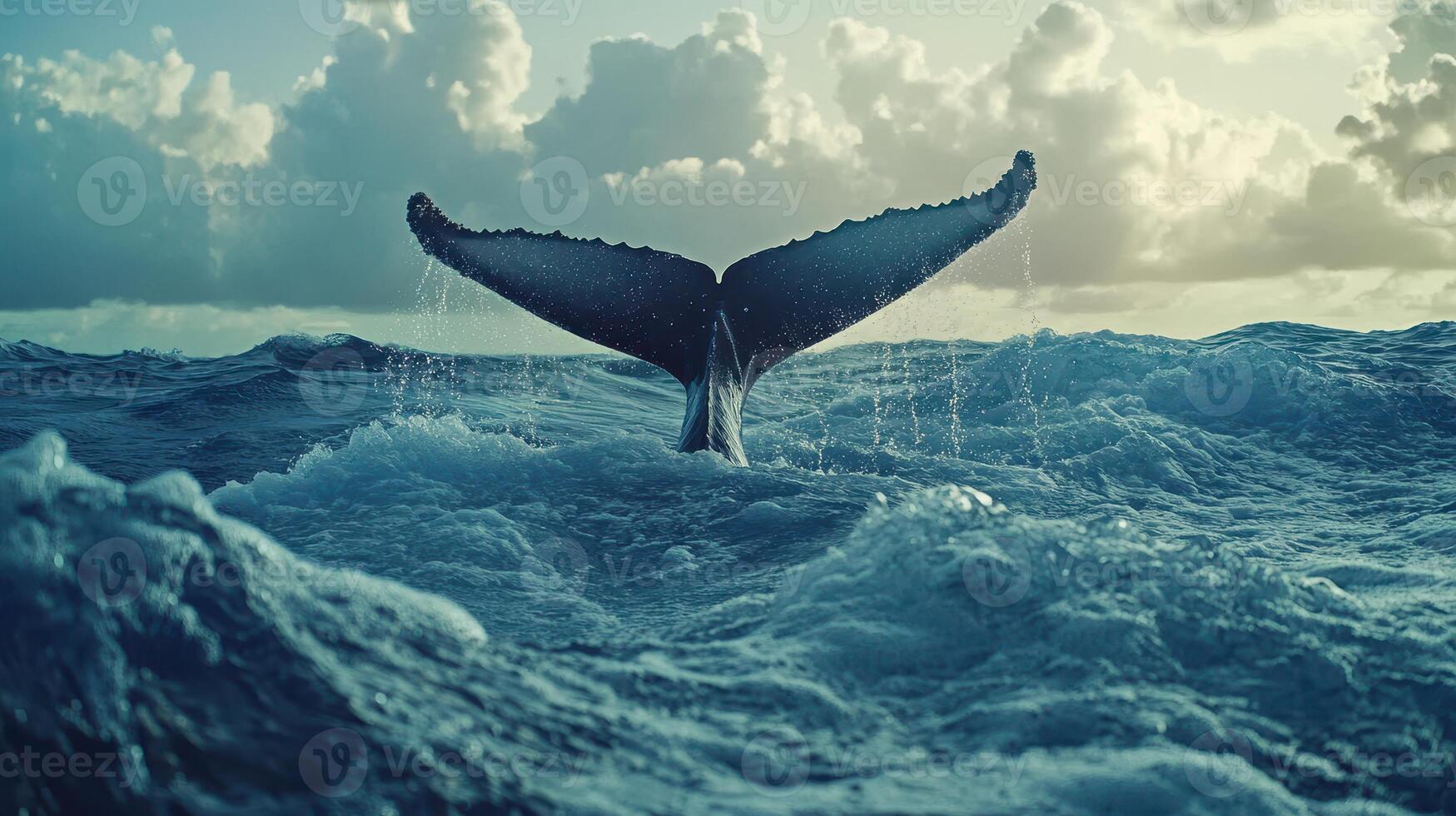 Whale tail emerging from ocean waves during sunset at a tropical location photo