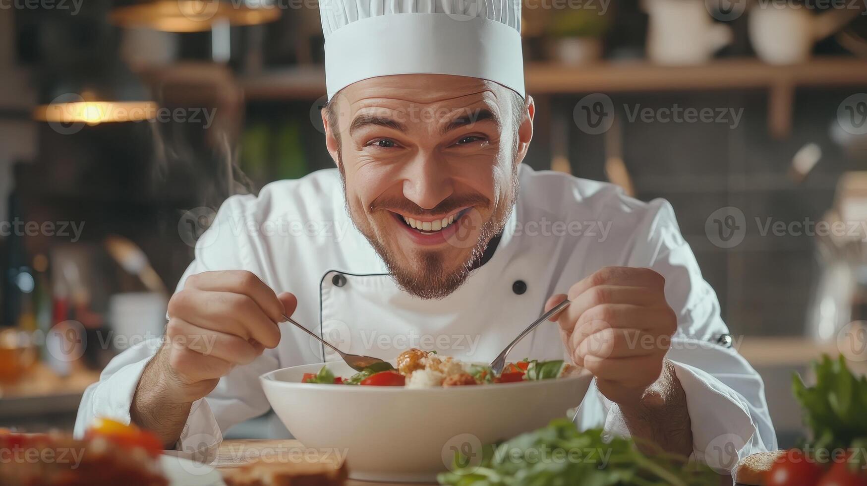 Chef enjoying a freshly prepared salad in a vibrant kitchen during lunchtime photo