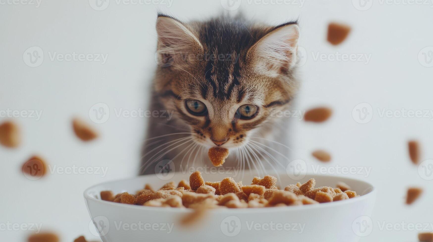 A curious cat reaching for dry kibble in a bowl on a bright background photo