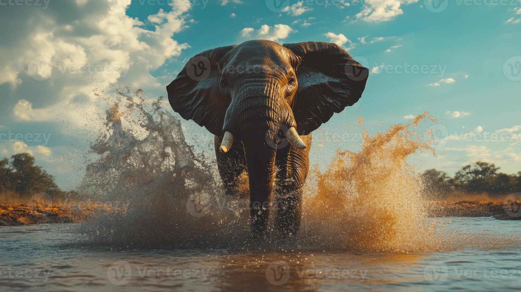 Elephant splashes joyfully in a waterhole under a bright sky during the golden hour in a natural habitat photo