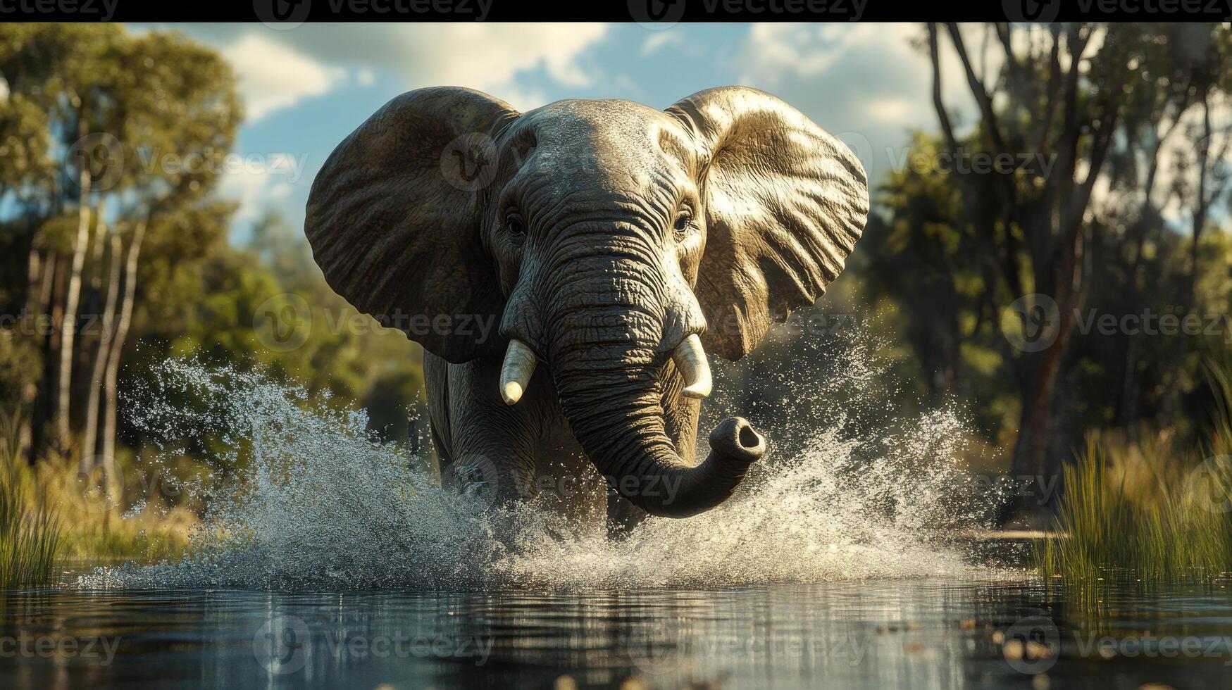 An elephant splashes through a river in the early morning light, surrounded by lush greenery and trees in its natural habitat photo