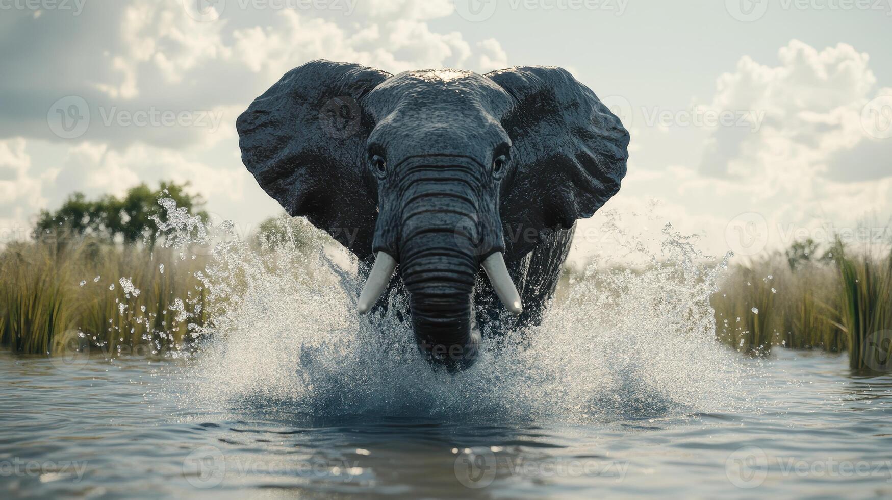 An elephant splashes through the water in a natural habitat during the afternoon hours photo