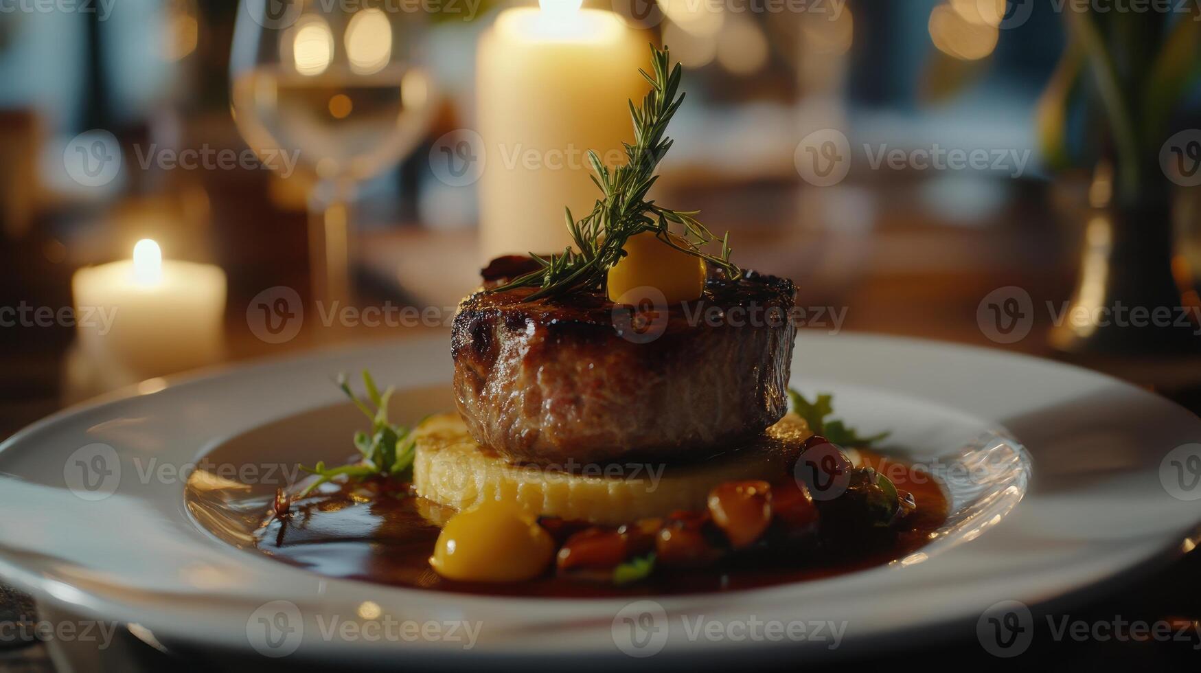 Gourmet steak with garnishes served on a white plate at a candlelit dinner setting photo