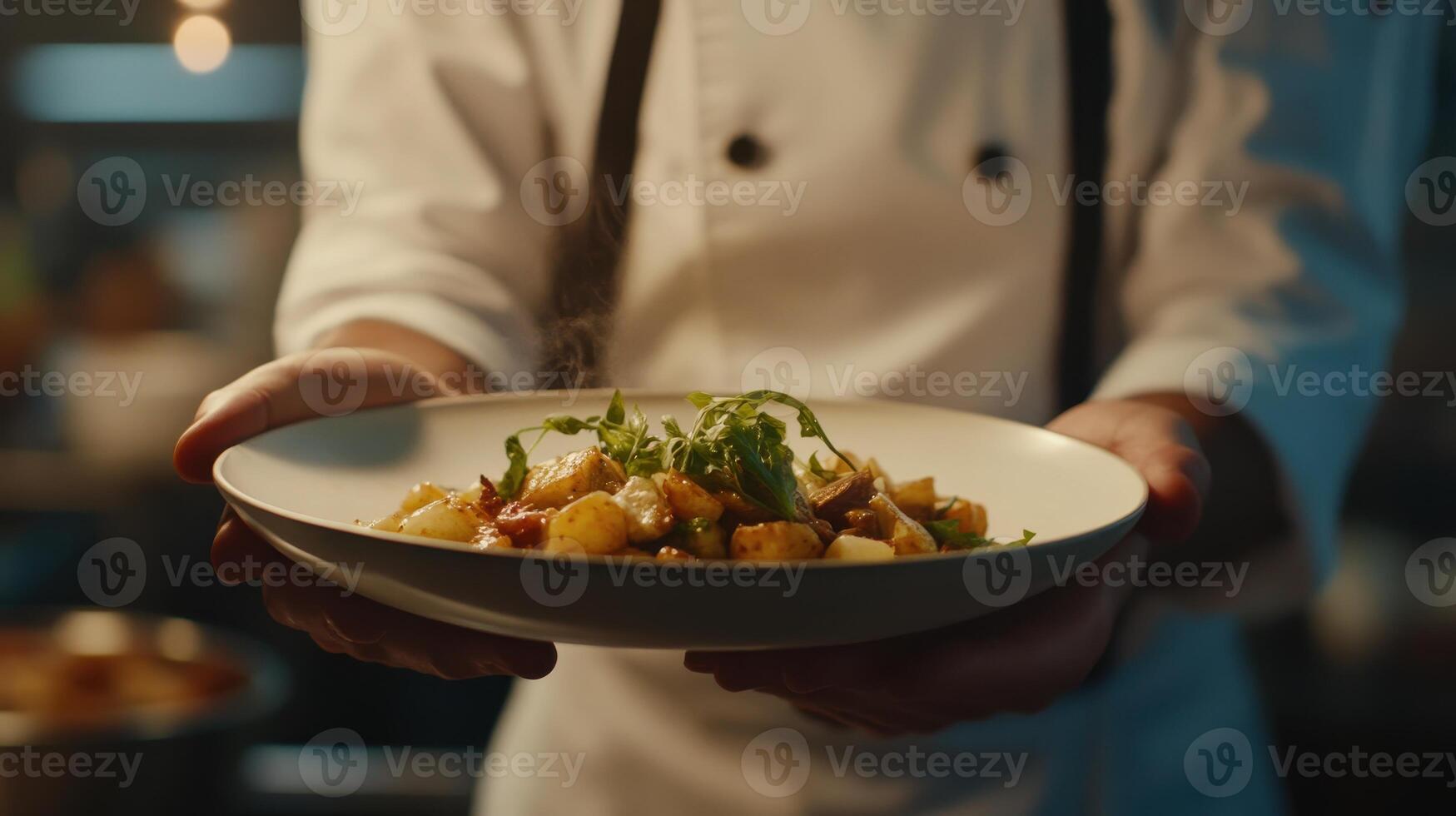 Chef presenting a beautifully plated dish of fresh ingredients in a bustling restaurant kitchen during dinner service photo
