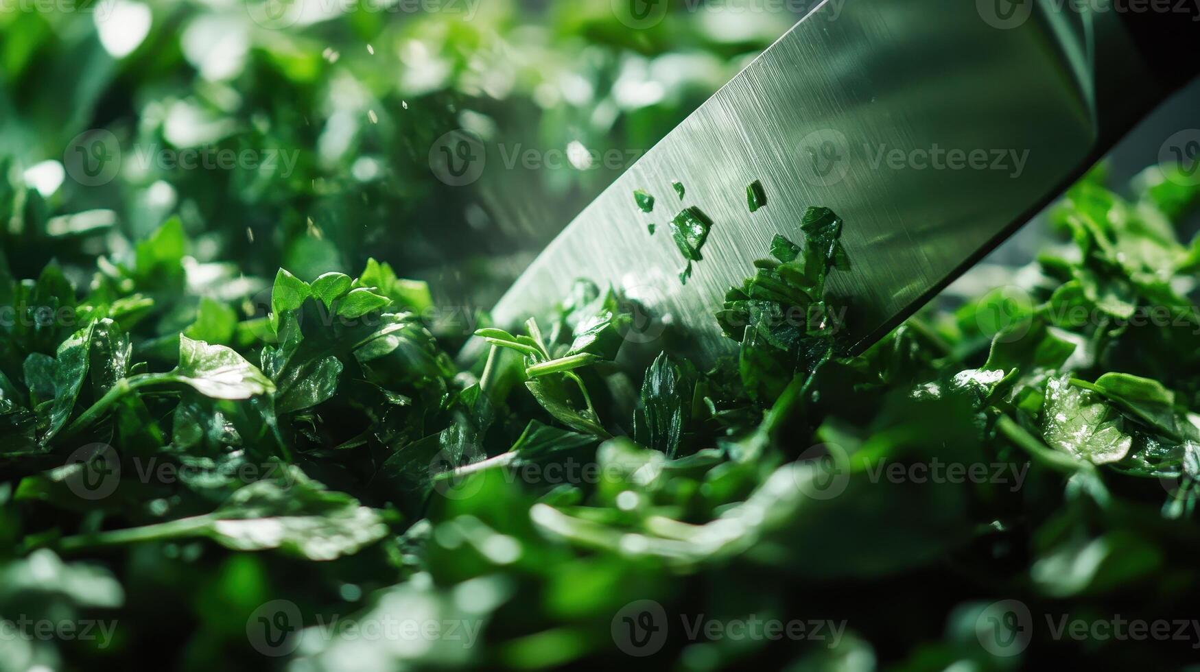 Chopping fresh herbs in a kitchen with a sharp knife during daylight photo