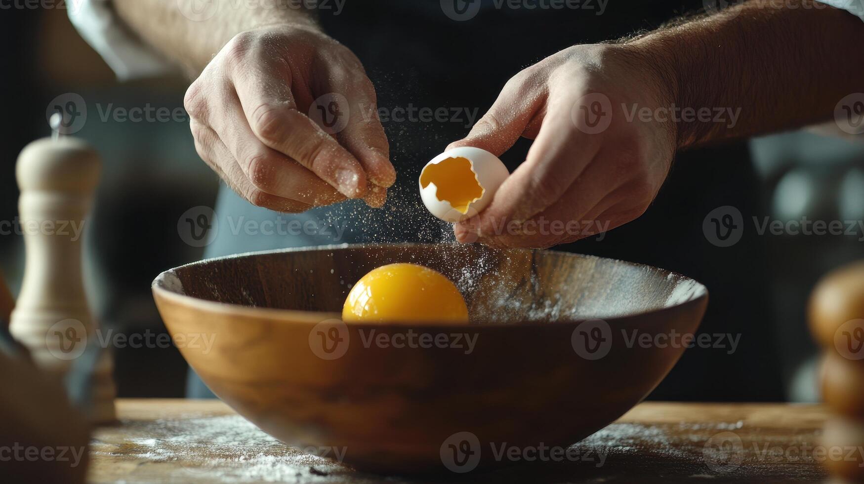 A chef cracks an egg over a wooden bowl with flour and an orange during food preparation in a kitchen setting photo