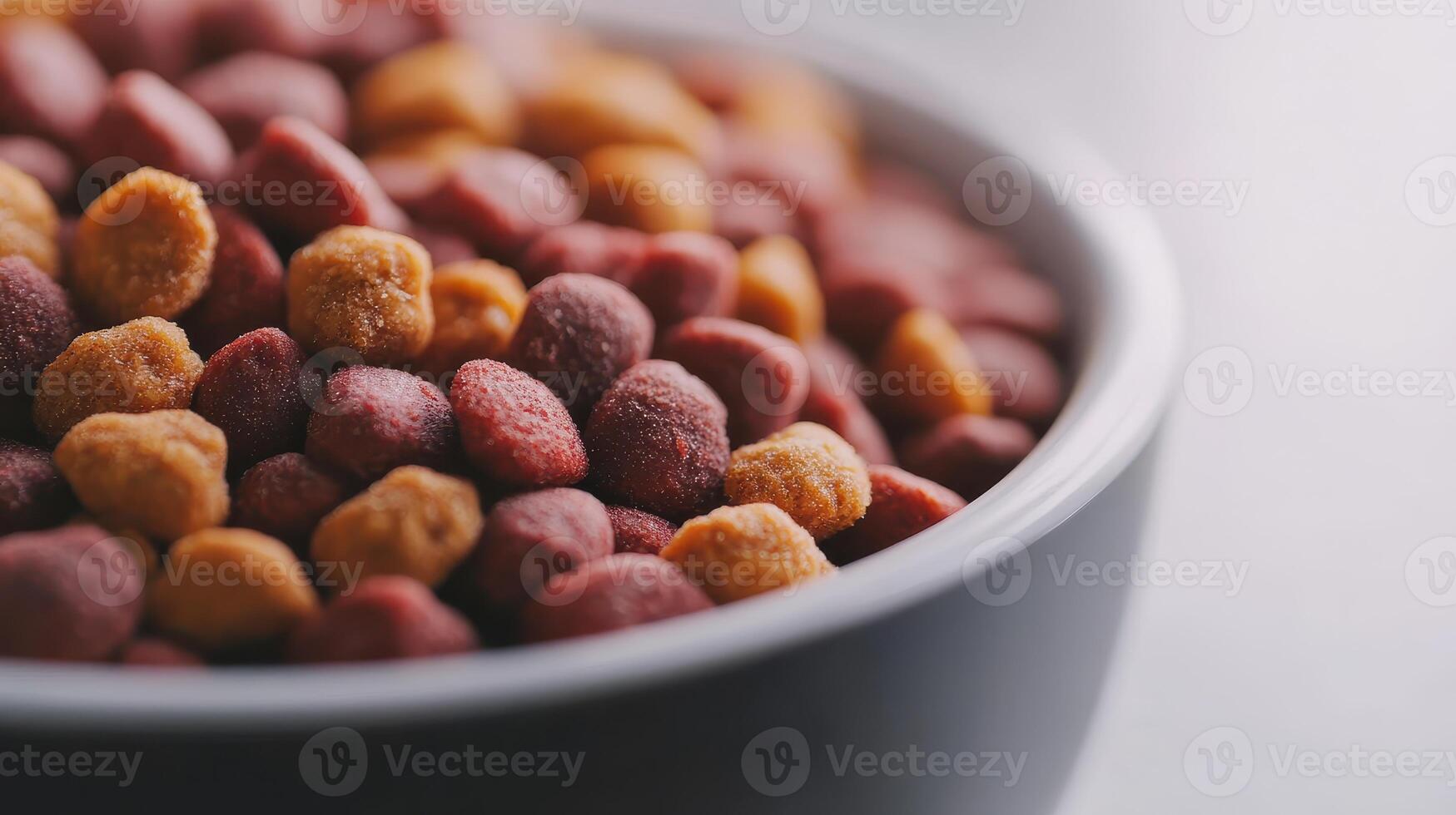 Close-up view of colorful dry pet food in a bowl placed on a light surface photo