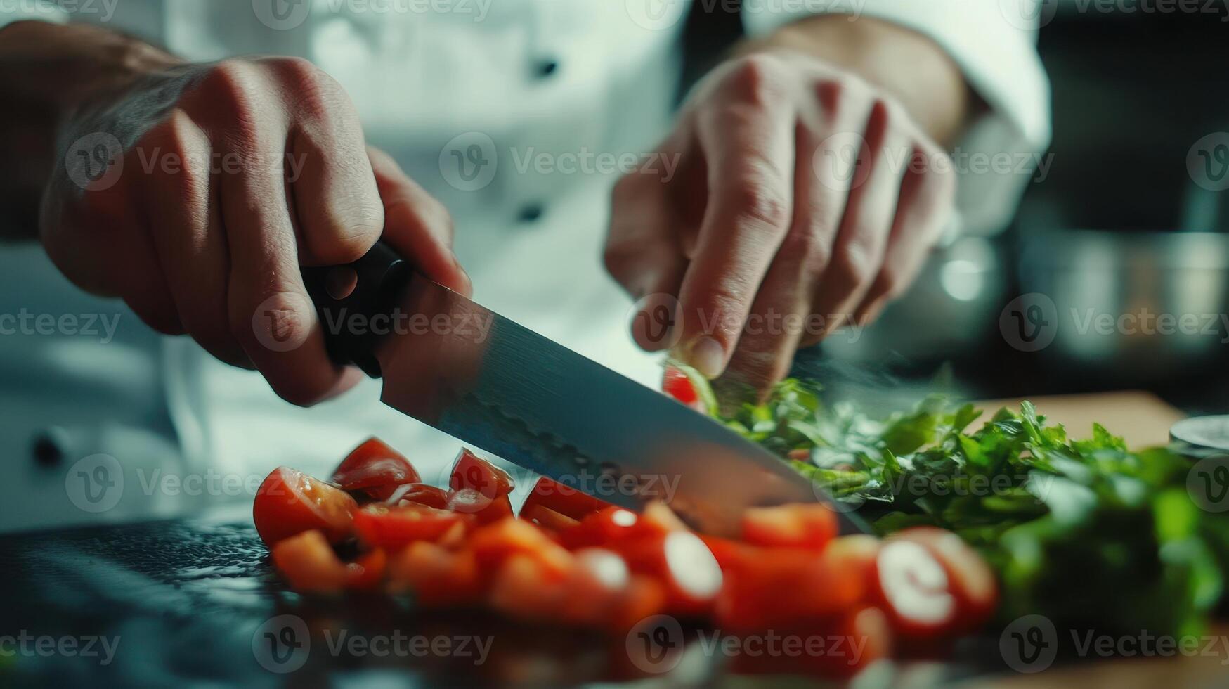 Chef skillfully chopping tomatoes and herbs in a kitchen with bright lighting photo