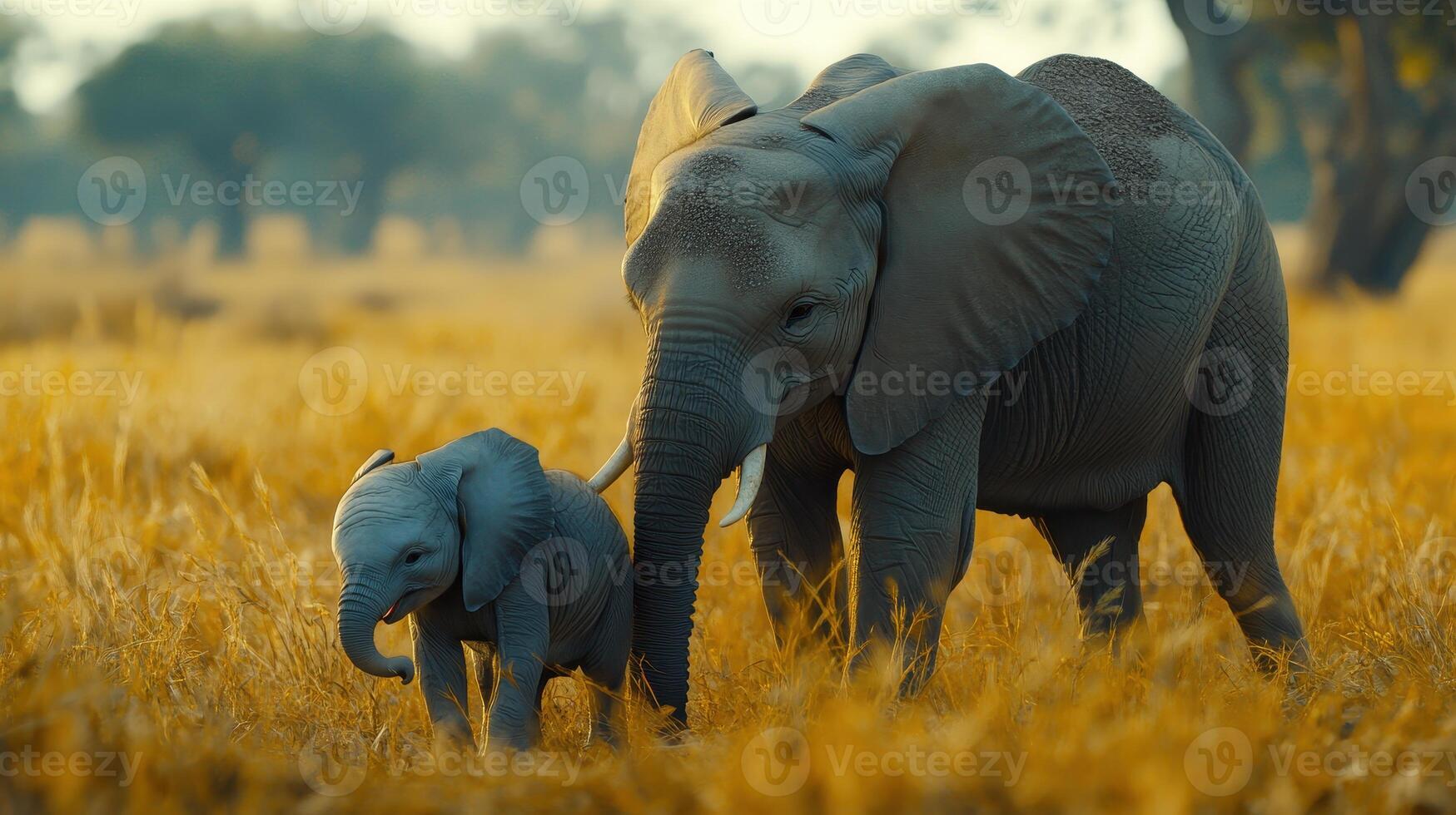 Mother elephant and her calf walking together in a golden grassland during sunset near a water source photo