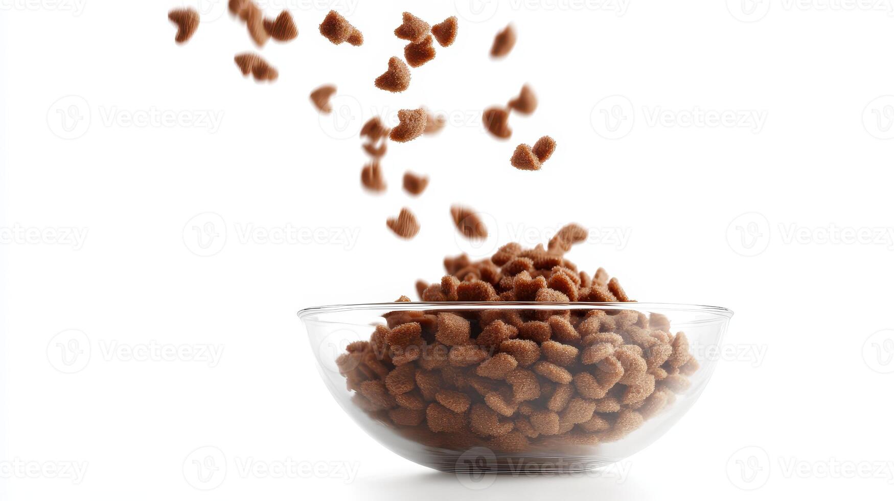 Dry pet food being poured into a clear glass bowl against a white background in a bright setting photo