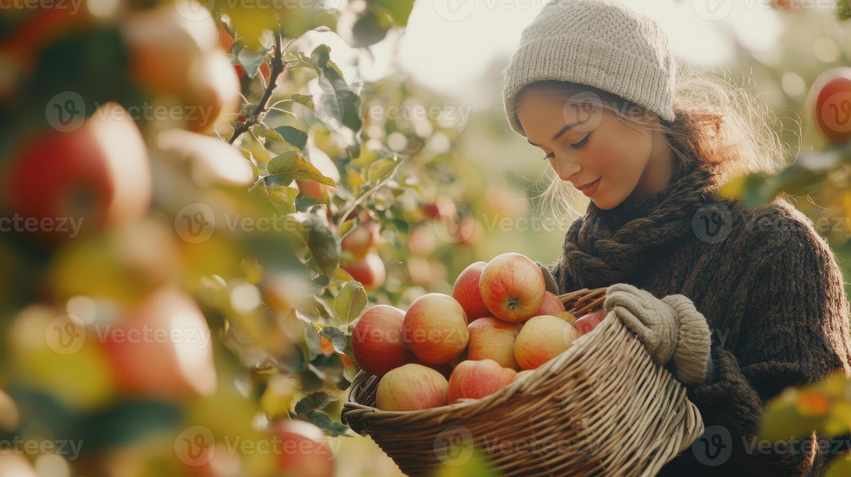 A young woman harvesting apples in a sunlit orchard during autumn with a basket filled with fresh fruit photo