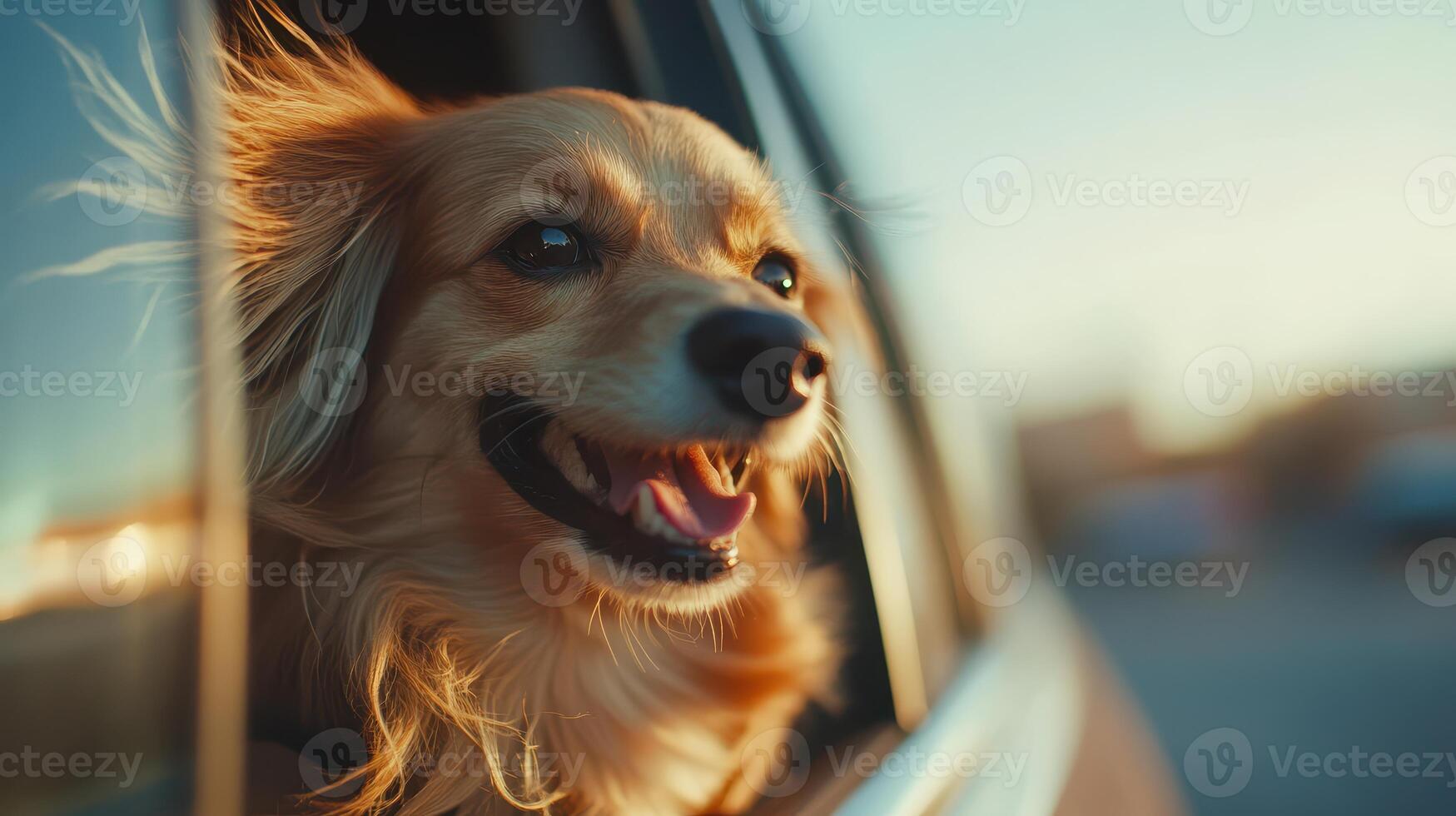 Happy dog enjoying a ride with its head out of the car window during sunset photo