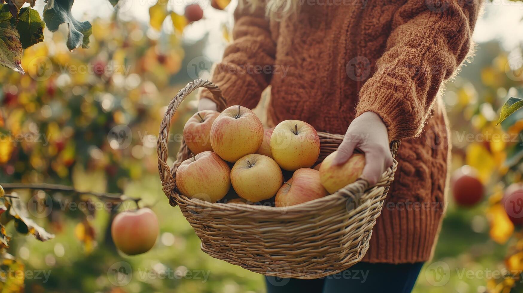 Woman carrying a basket of fresh apples during autumn in a vibrant orchard photo