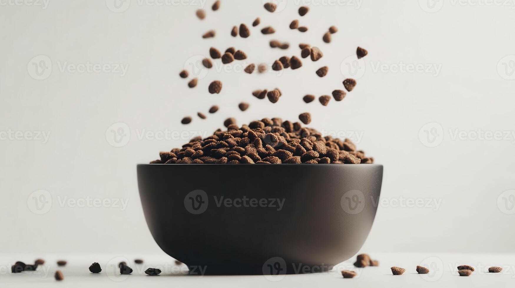 Brown pet food pellets falling into a black bowl on a light background during a minimalistic setting photo