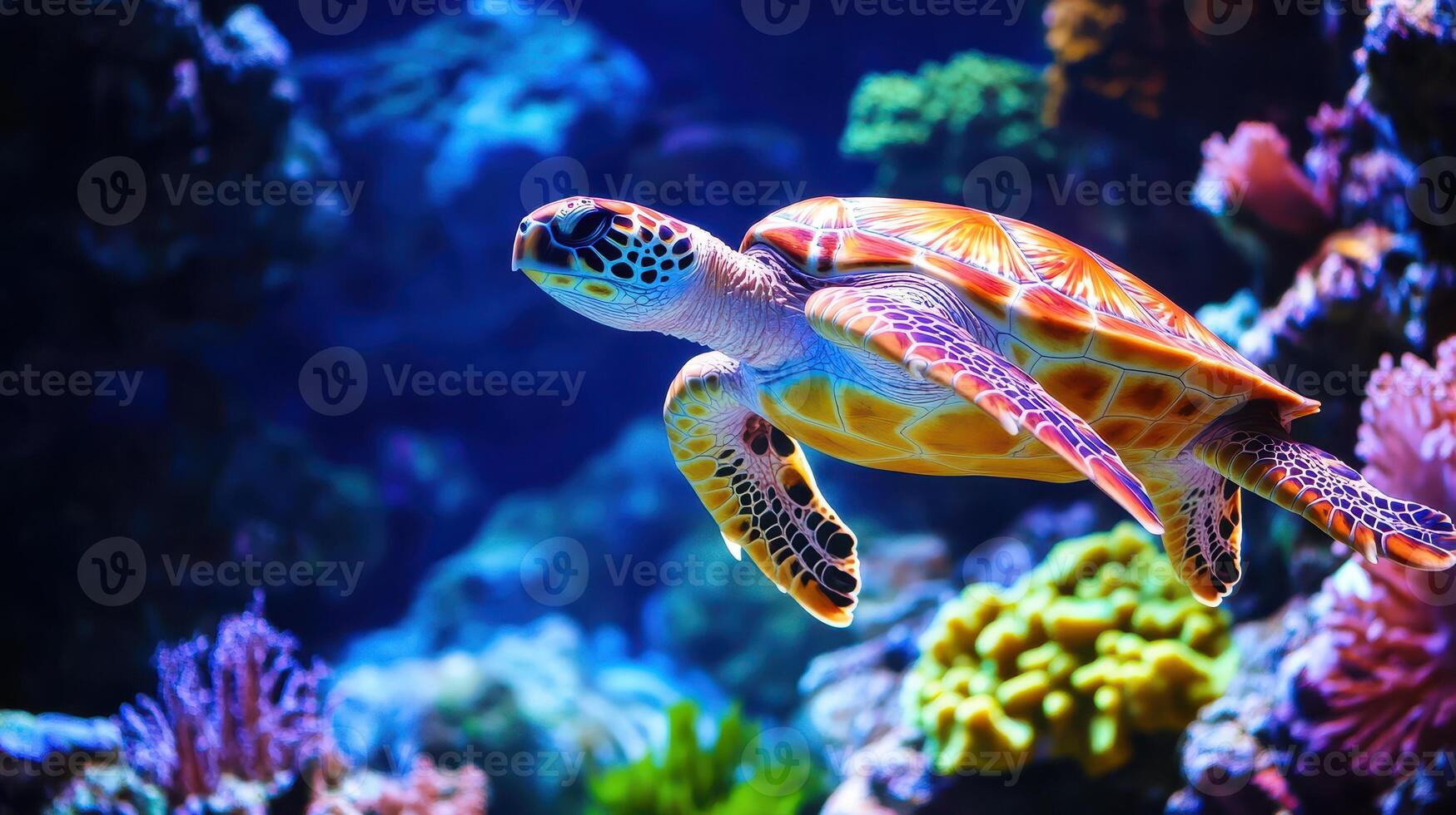 A vibrant sea turtle gracefully swims through a colorful coral reef in an aquarium during daylight photo