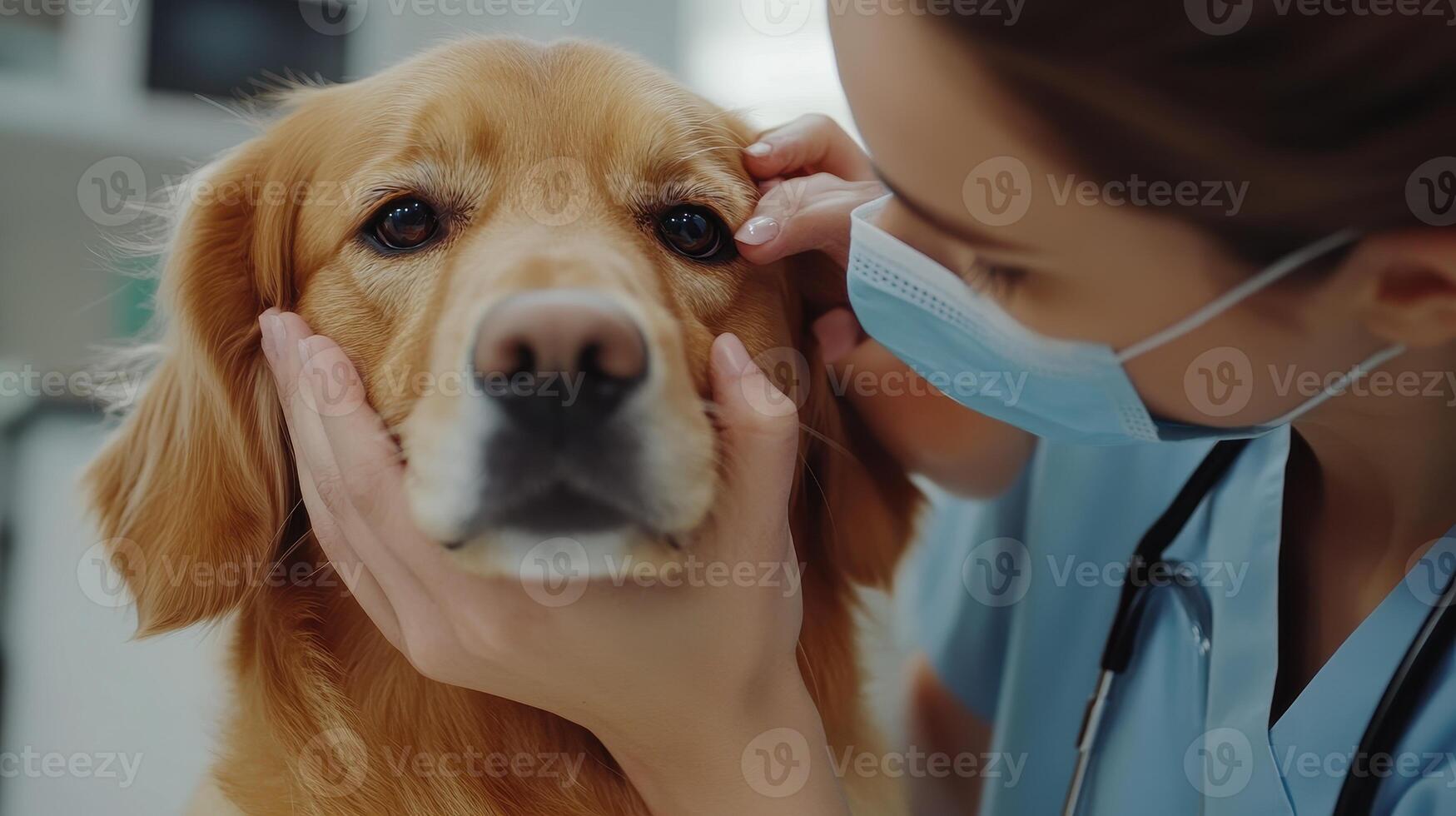 Veterinarian examining a golden retriever in a clinic during a routine check-up photo