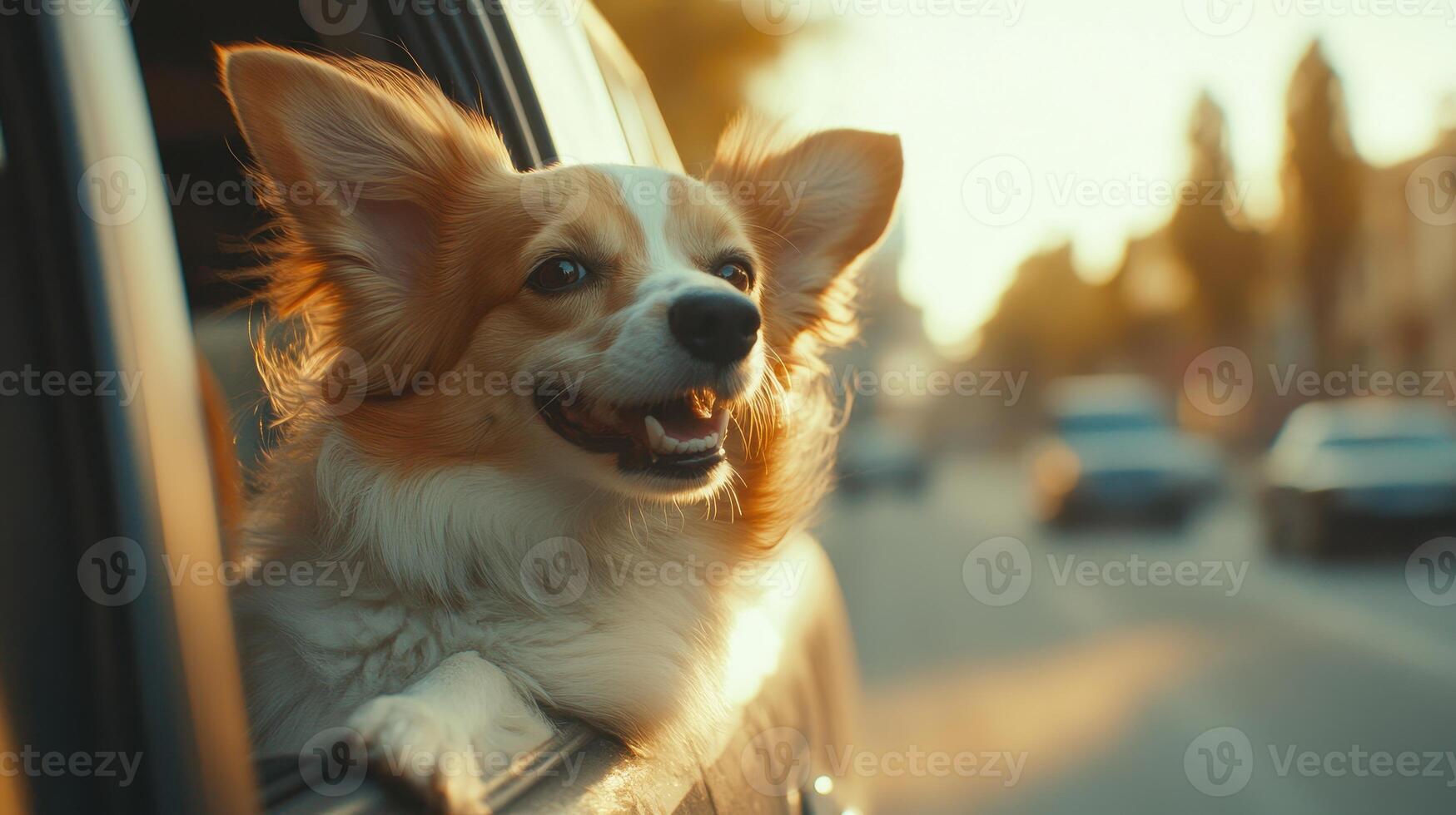 Happy dog enjoys a sunny drive with its head out of the car window during a warm afternoon photo