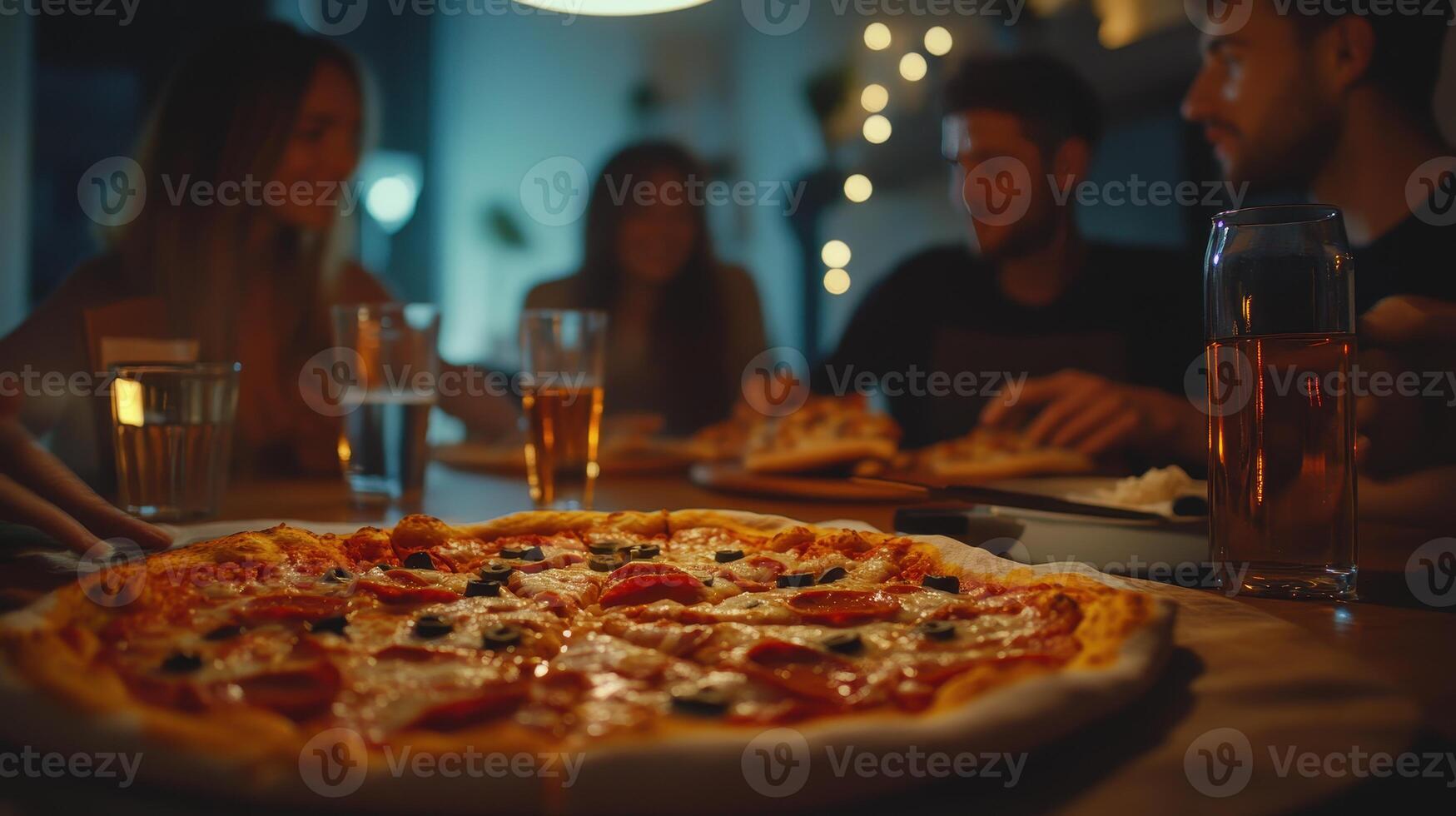 Friends enjoying a delicious pizza dinner in a cozy dimly lit room with soft background lights in the evening photo