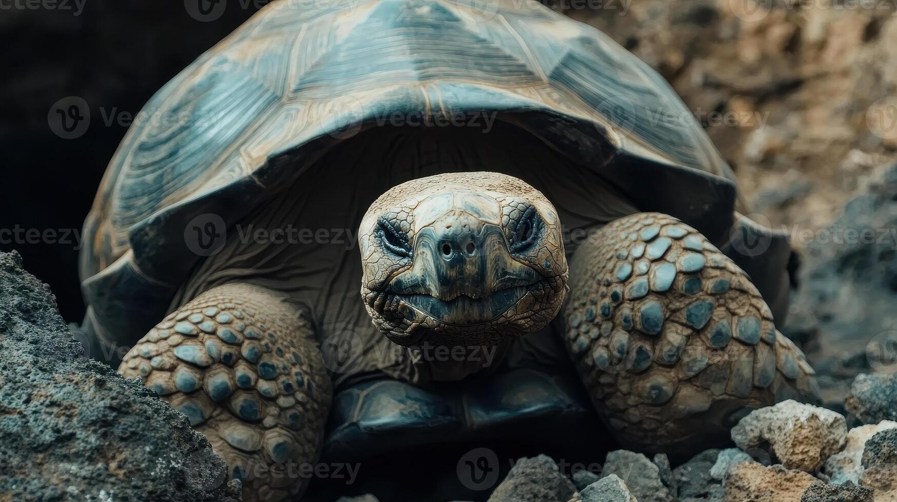 A Galapagos tortoise emerges from rocky terrain in a natural habitat during the afternoon sun photo