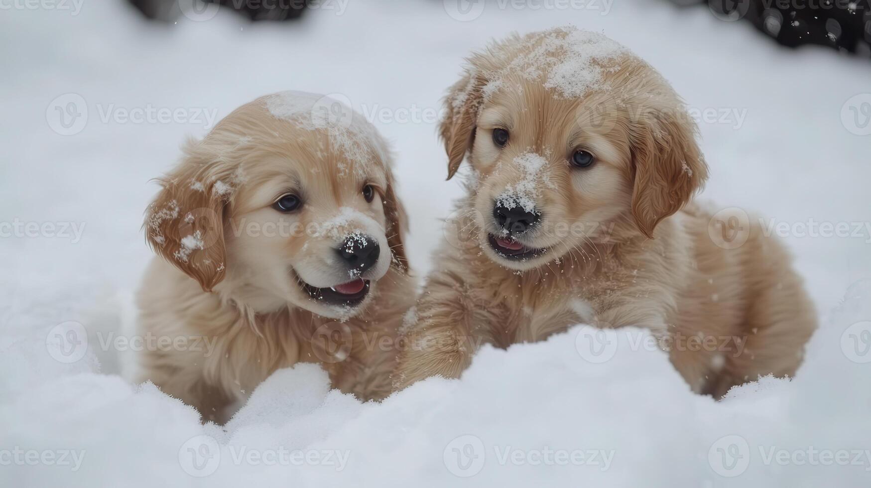 Two playful golden retriever puppies enjoying a snowy day in a winter landscape photo