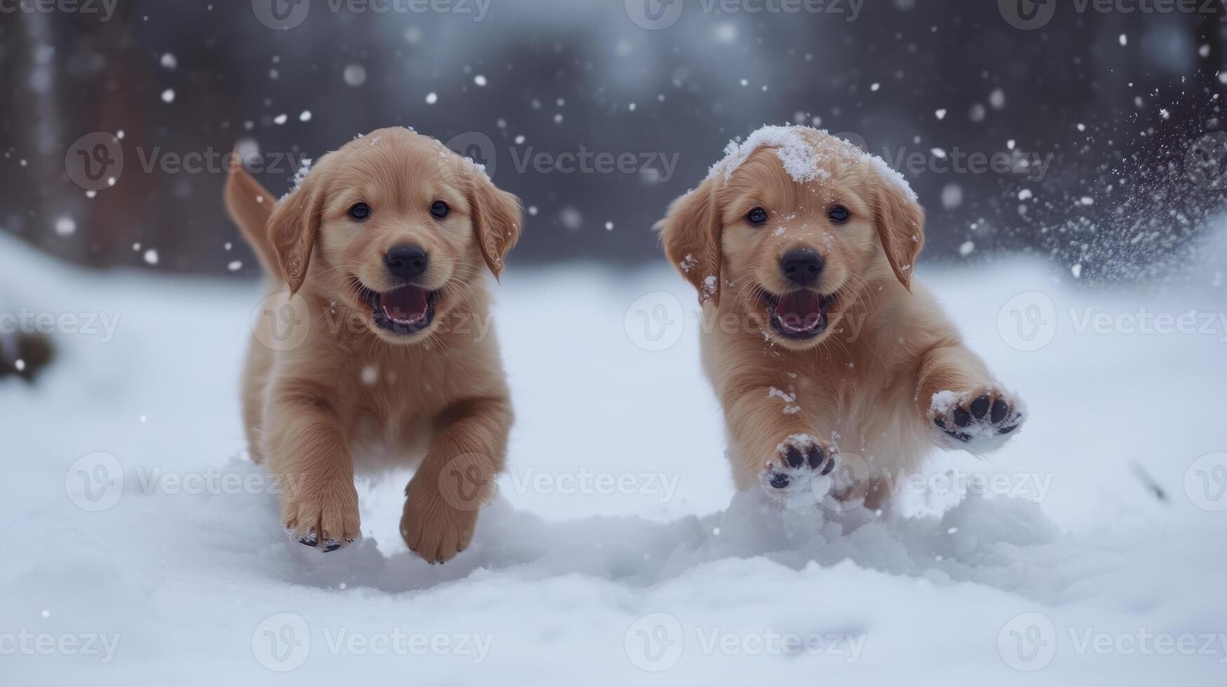 Two playful golden retriever puppies run joyfully through fresh, white snow on a winter day photo