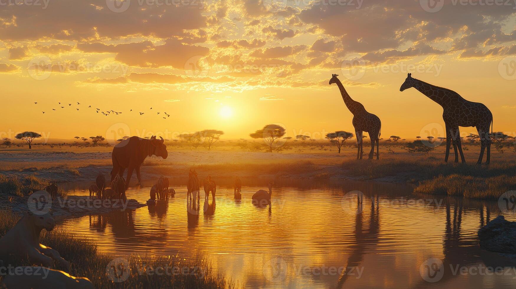Two giraffes and a group of animals drink water at sunset near a serene watering hole in the savanna photo