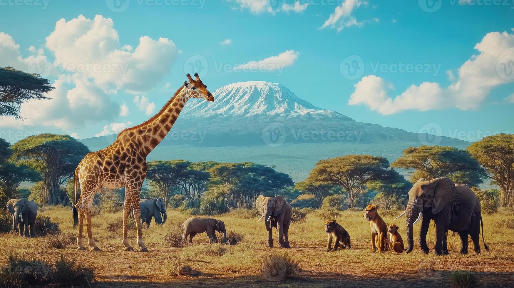 A giraffe stands tall among elephants and monkeys in a savanna landscape with Mount Kilimanjaro in the background during a sunny afternoon photo