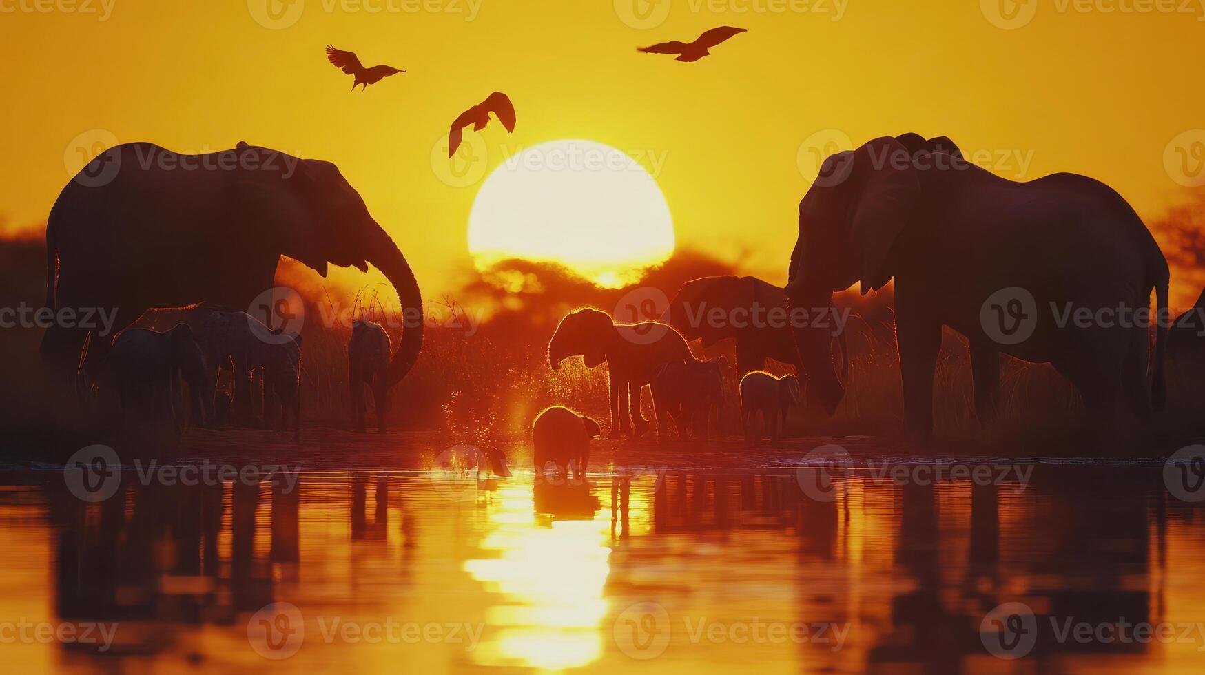 Elephants near a watering hole at sunset with birds in flight and golden sky in a natural habitat photo