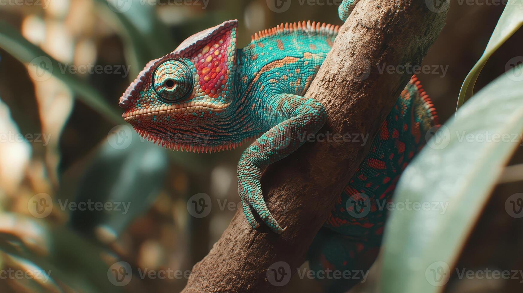 Colorful chameleon perched on a branch amidst lush greenery in a tropical forest during daylight photo