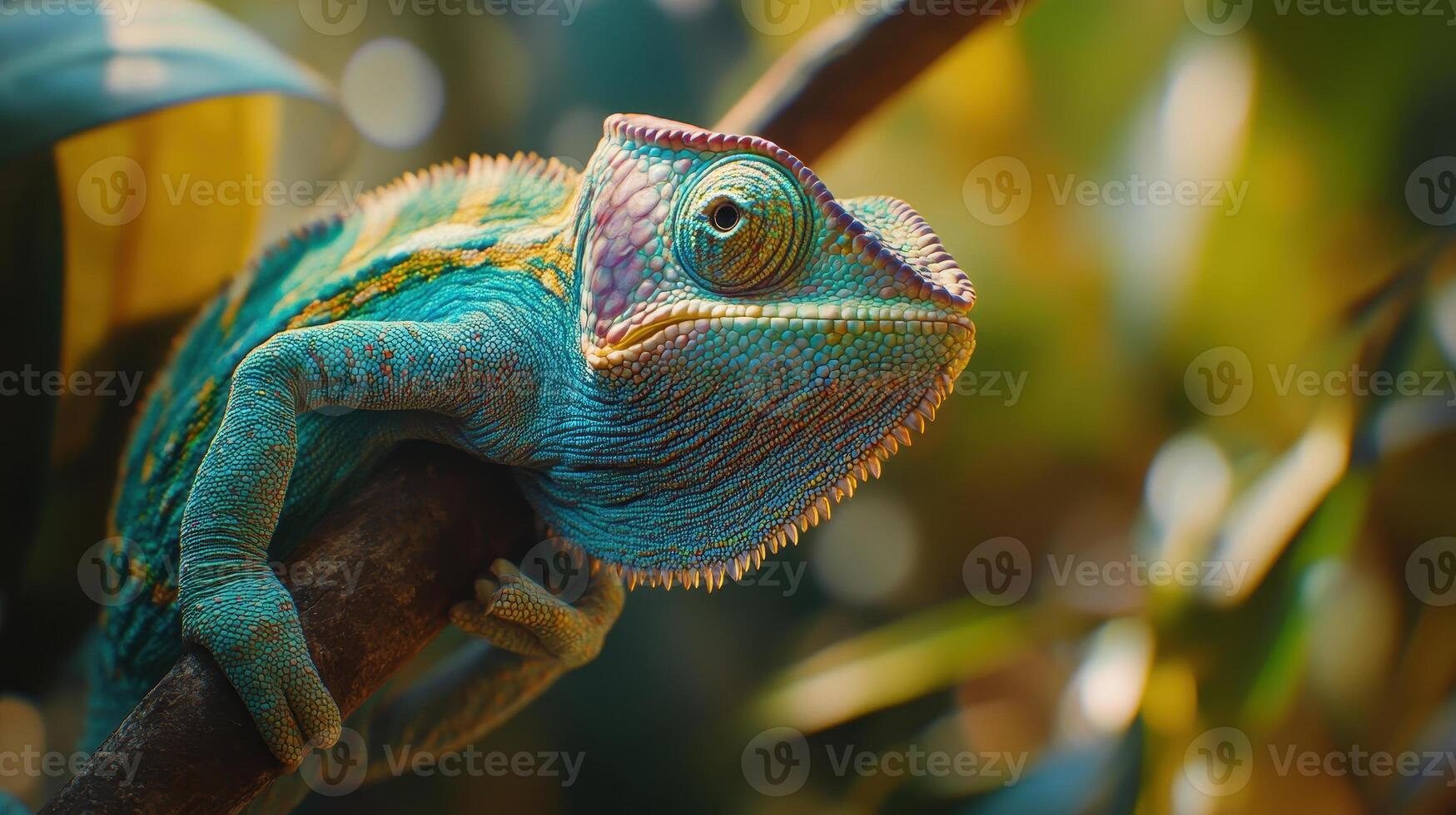 A vibrant chameleon perched on a branch in a lush tropical environment during the day photo