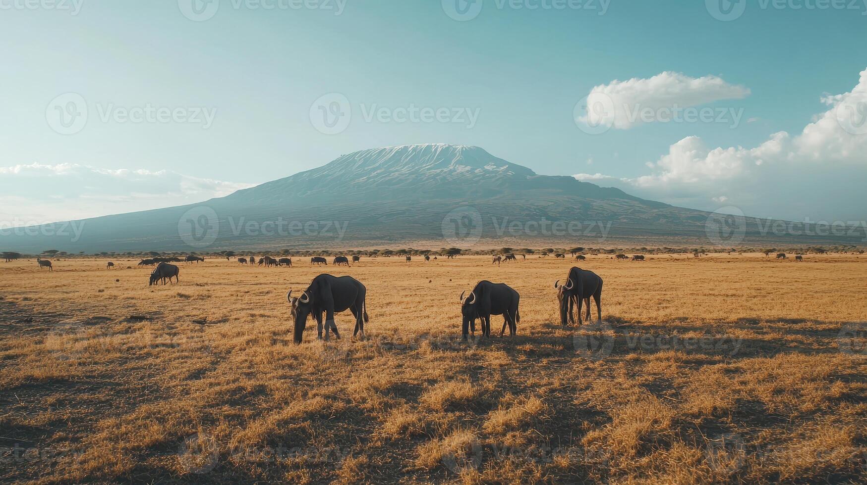 Herd of elephants grazing on golden grasslands with a snow-capped mountain in the background during sunset photo