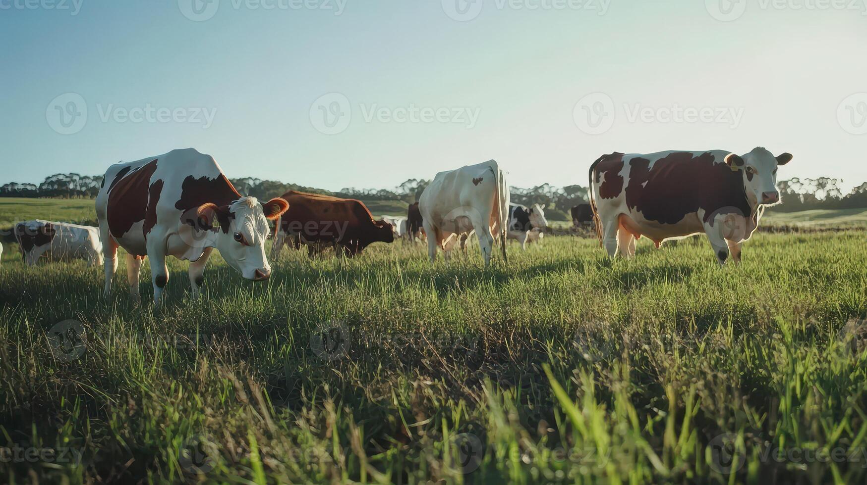 Cows grazing in a lush green pasture during golden hour in the countryside photo