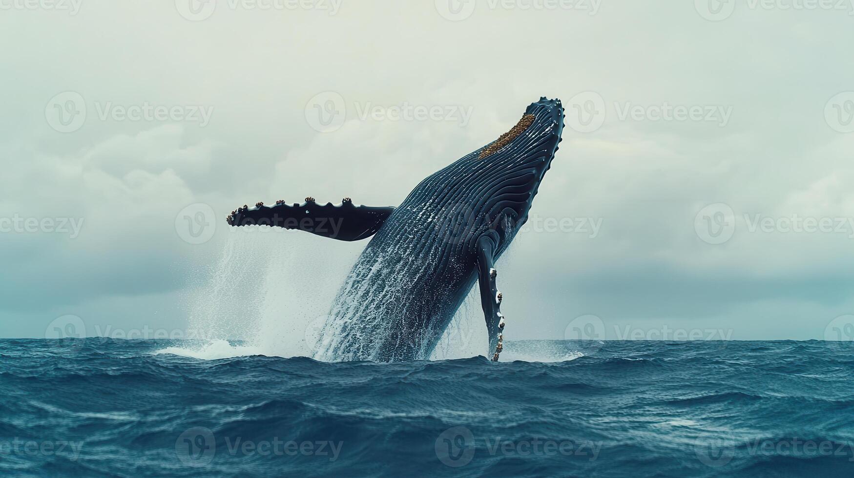 Humpback whale breaching in the ocean under a cloudy sky photo