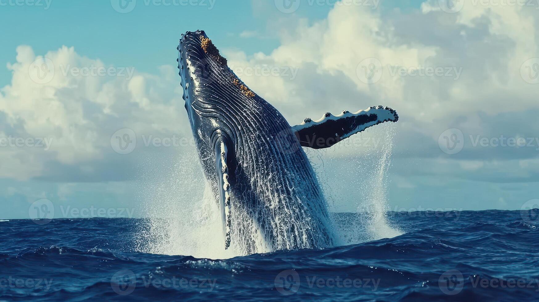 Humpback whale breaching the ocean surface under a bright blue sky with fluffy clouds during the day photo