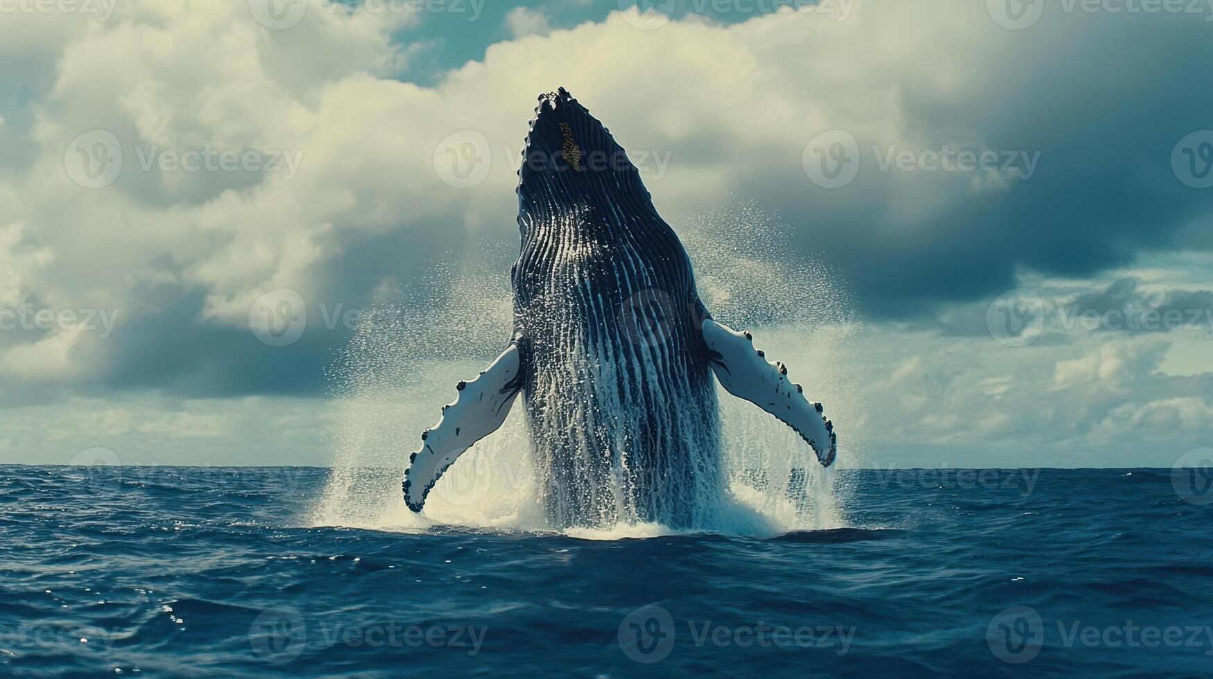 A humpback whale breaches the ocean surface under a cloudy sky in the middle of the day photo
