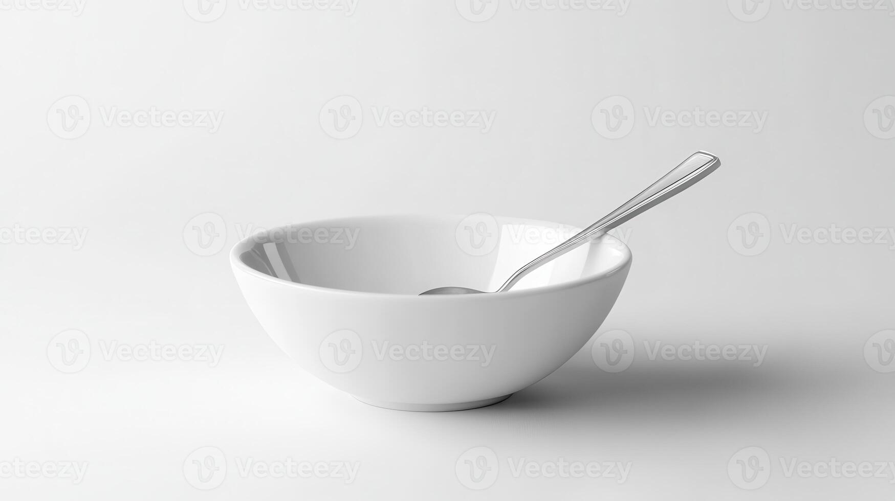 A clean, empty white bowl with a silver spoon resting inside it on a minimalistic surface photo