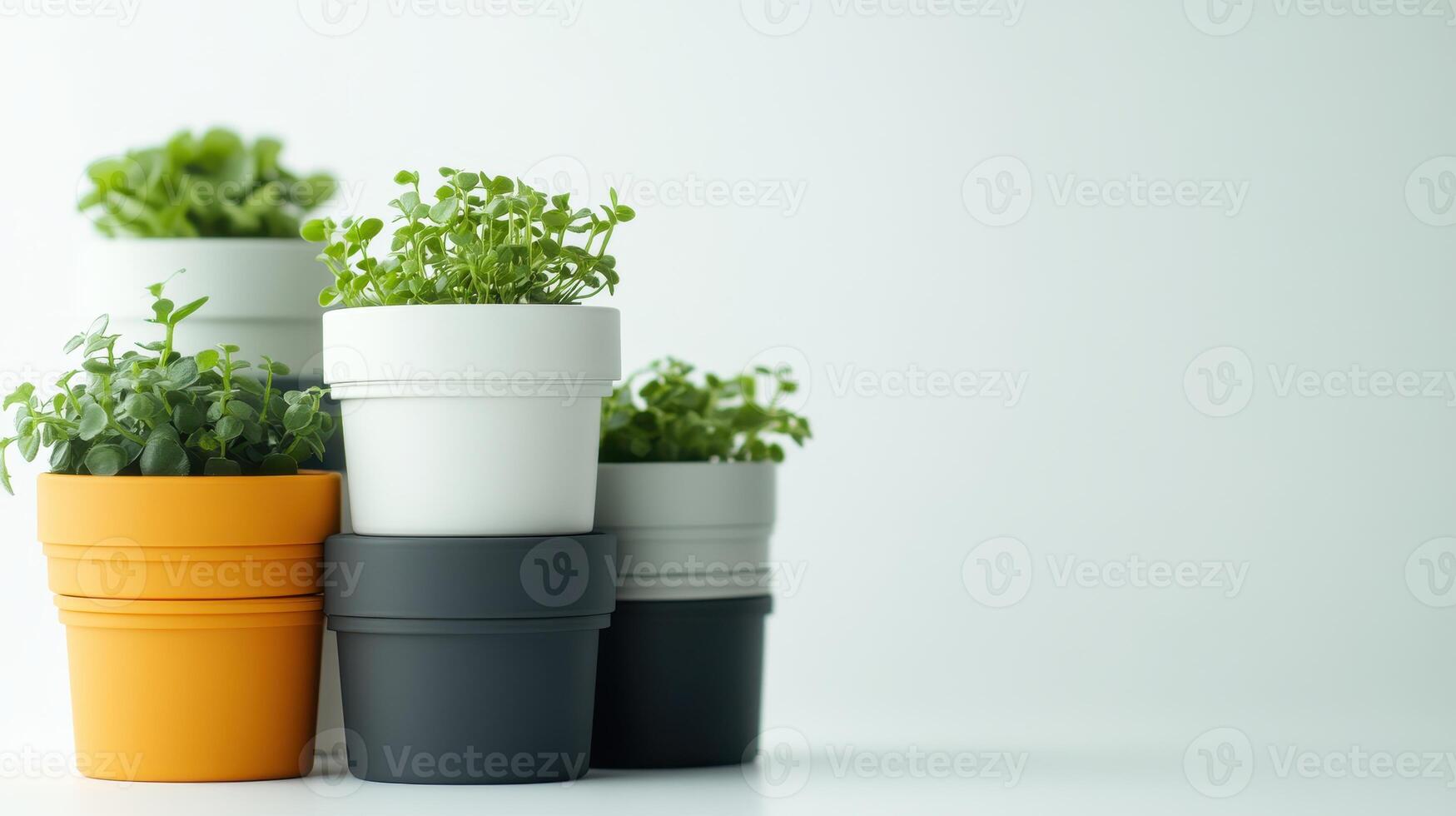 Plants in various pots arranged neatly on a white surface, highlighting their vibrant greenery in a well-lit indoor setting photo