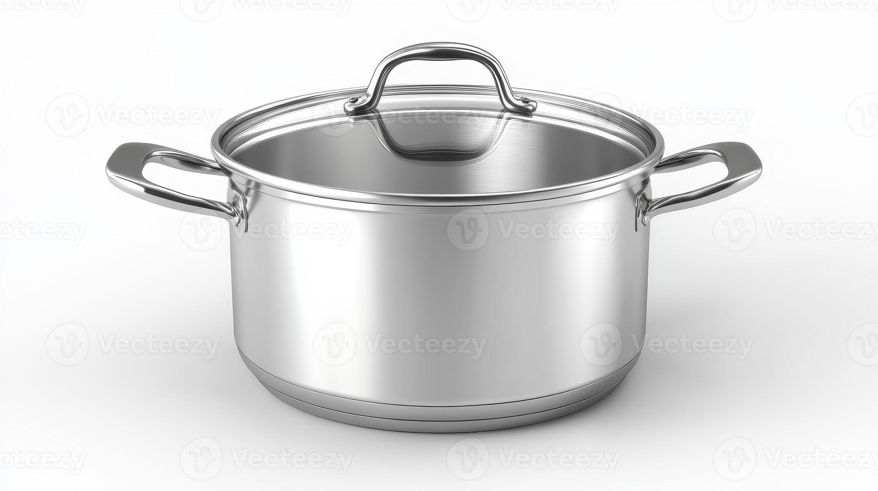 A stainless steel cooking pot with a lid placed on a plain background photo