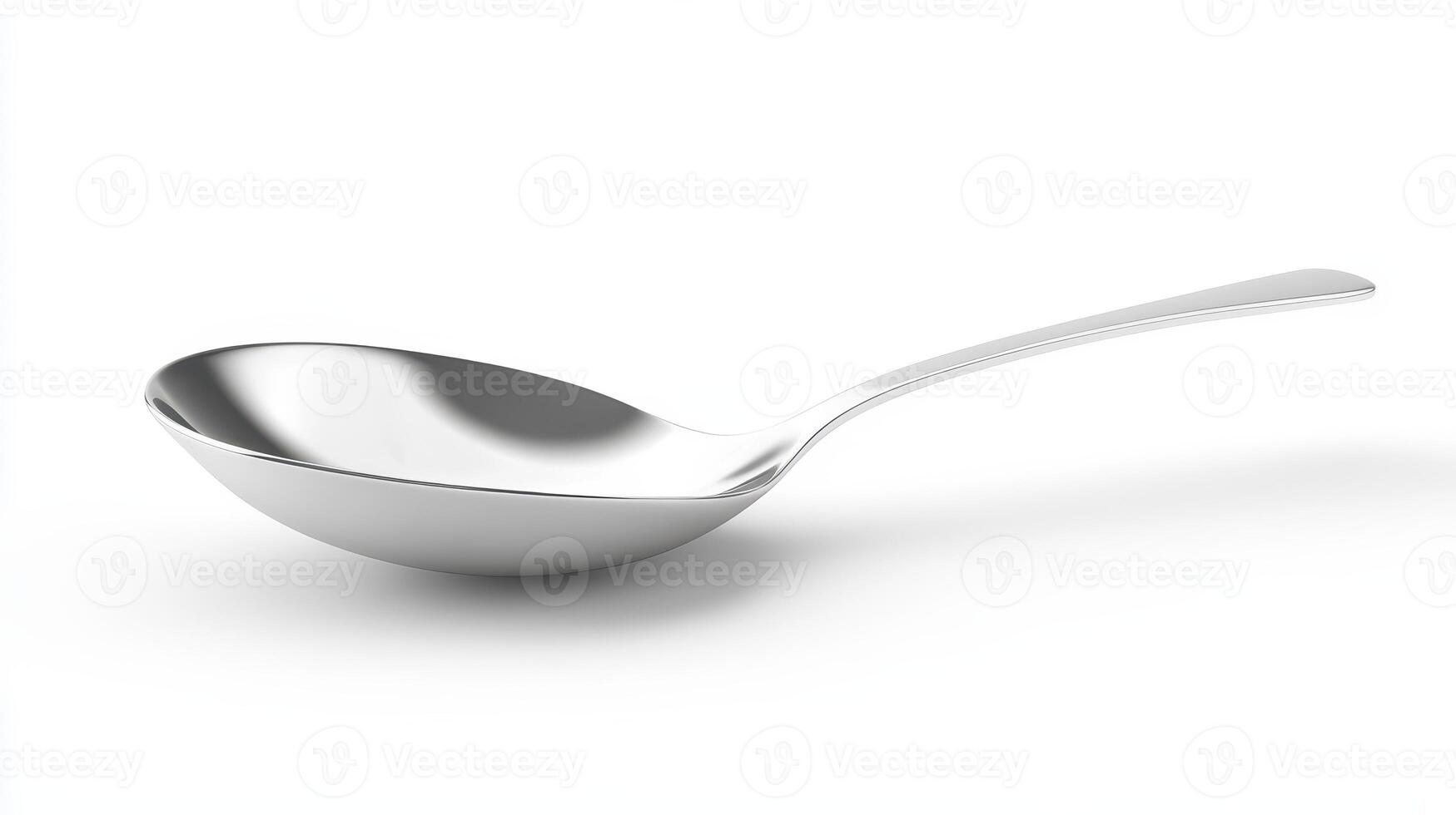 Simple stainless steel spoon on a white background with a smooth surface reflecting light photo