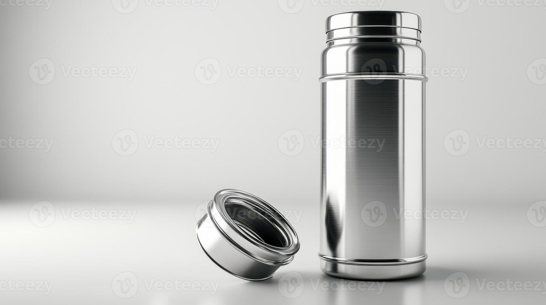 Shiny stainless steel water bottle on a grey background with a removed lid photo
