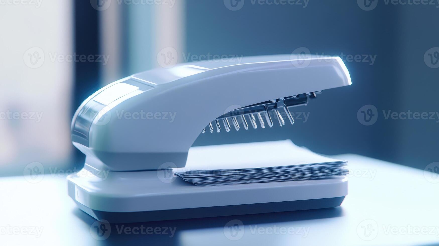 A sleek white stapler with a stack of papers rests on a modern desk against a backdrop of natural light in an office setting photo