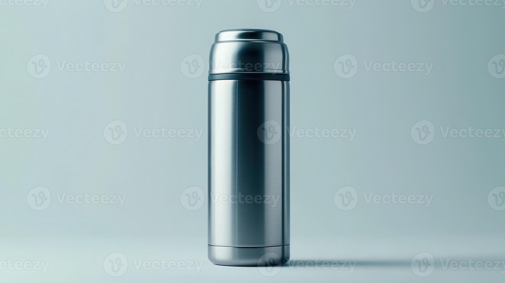 Stainless steel thermos standing upright on a light blue background, showcasing its sleek design and functional features photo