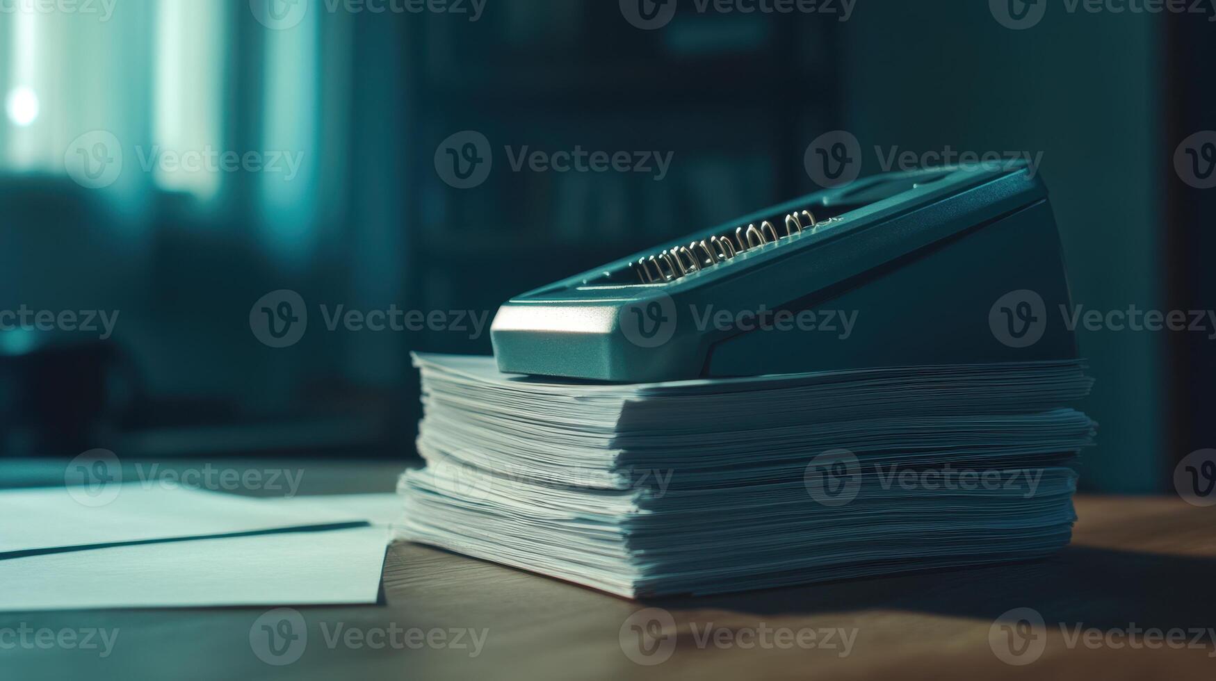 Desk scene with a stack of documents and a vintage calculator in a softly lit room during the late afternoon photo