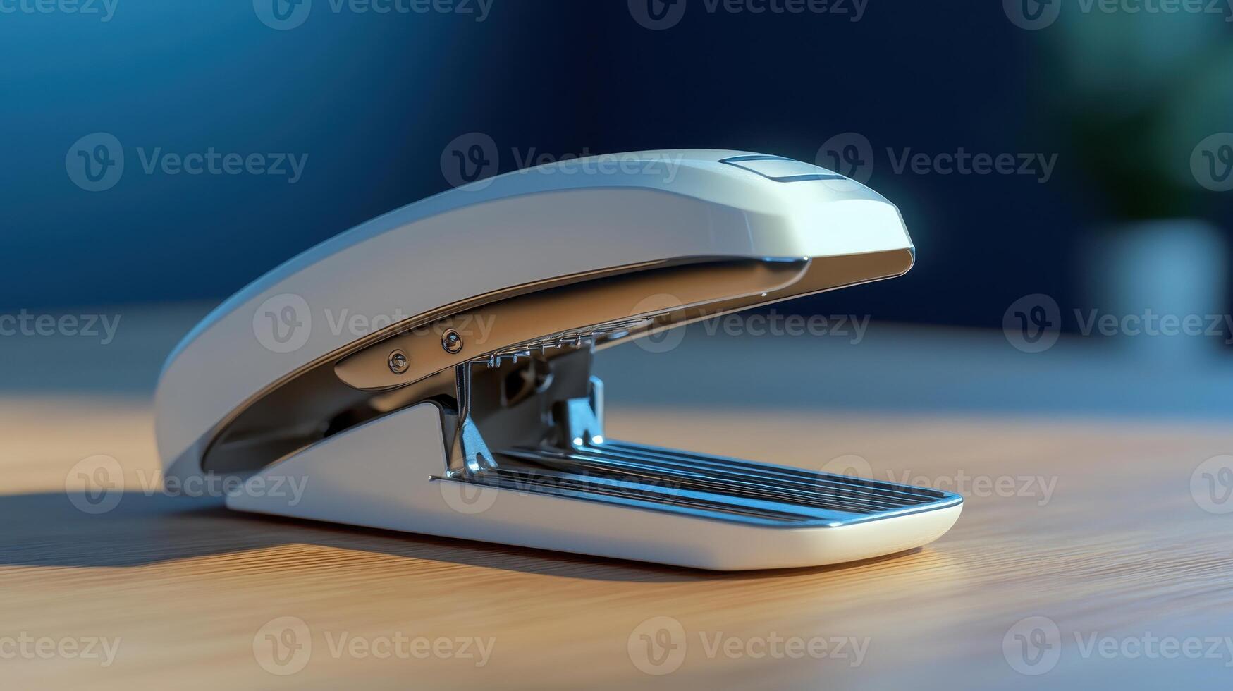 A modern desktop stapler on a wooden table in a well-lit office setting during the day photo