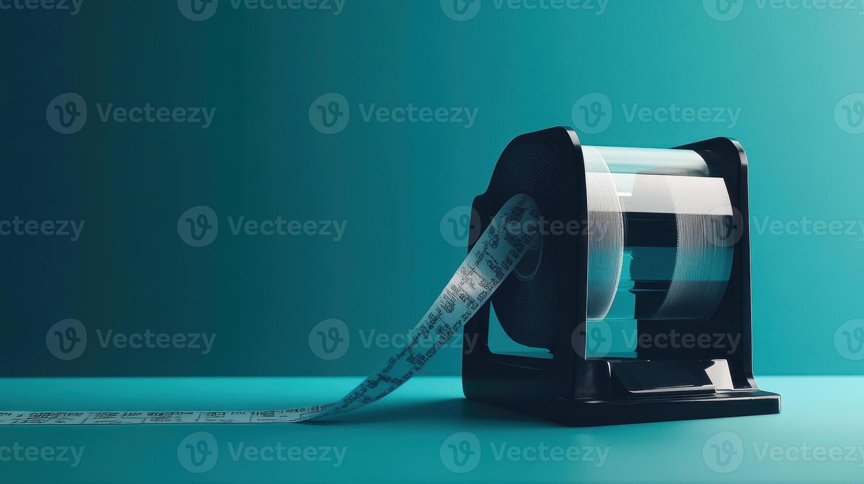 A black tape dispenser with a roll of white paper tape on a teal background photo