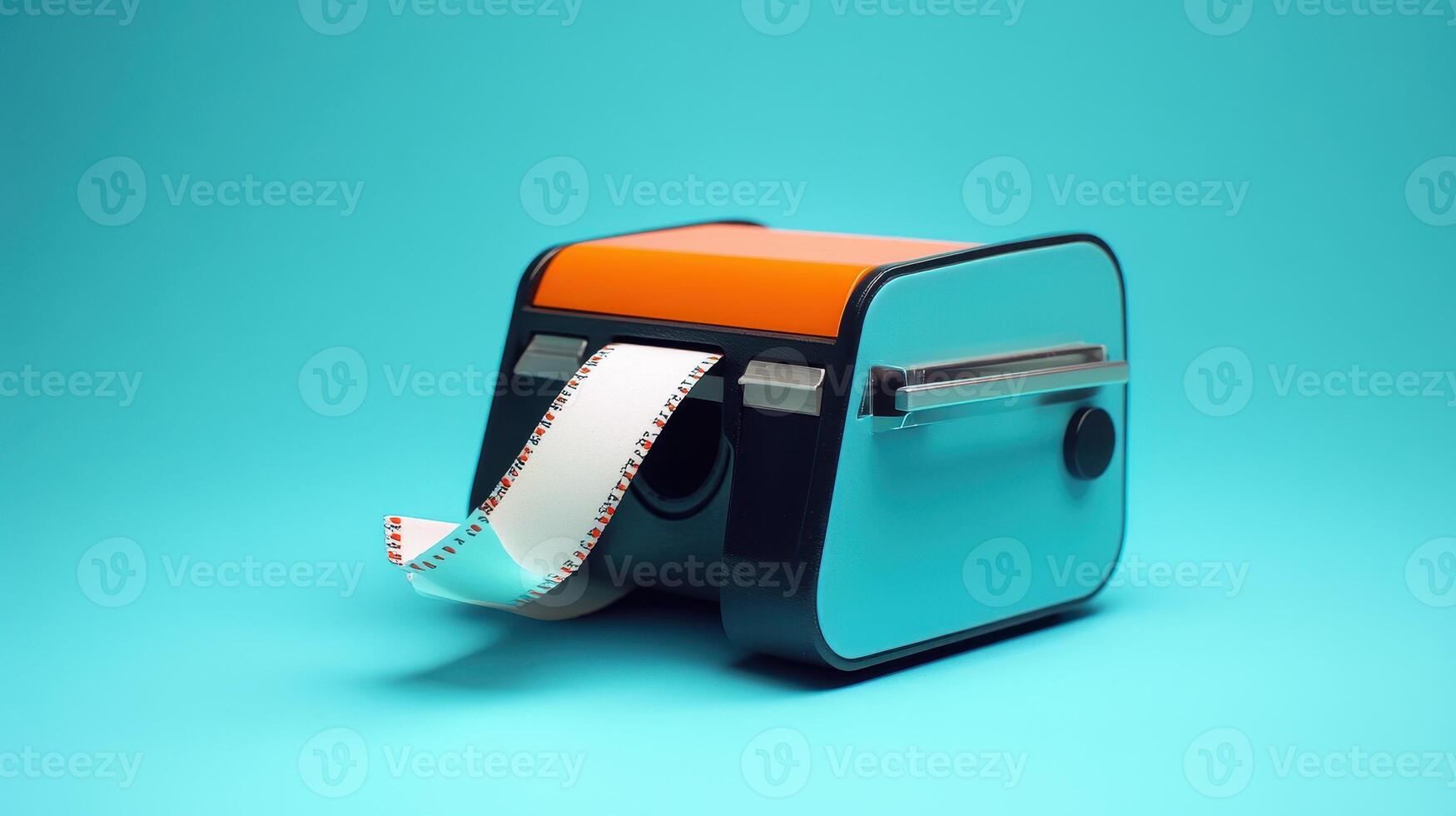 A vibrant retro film camera with a developing roll on a bright blue background photo