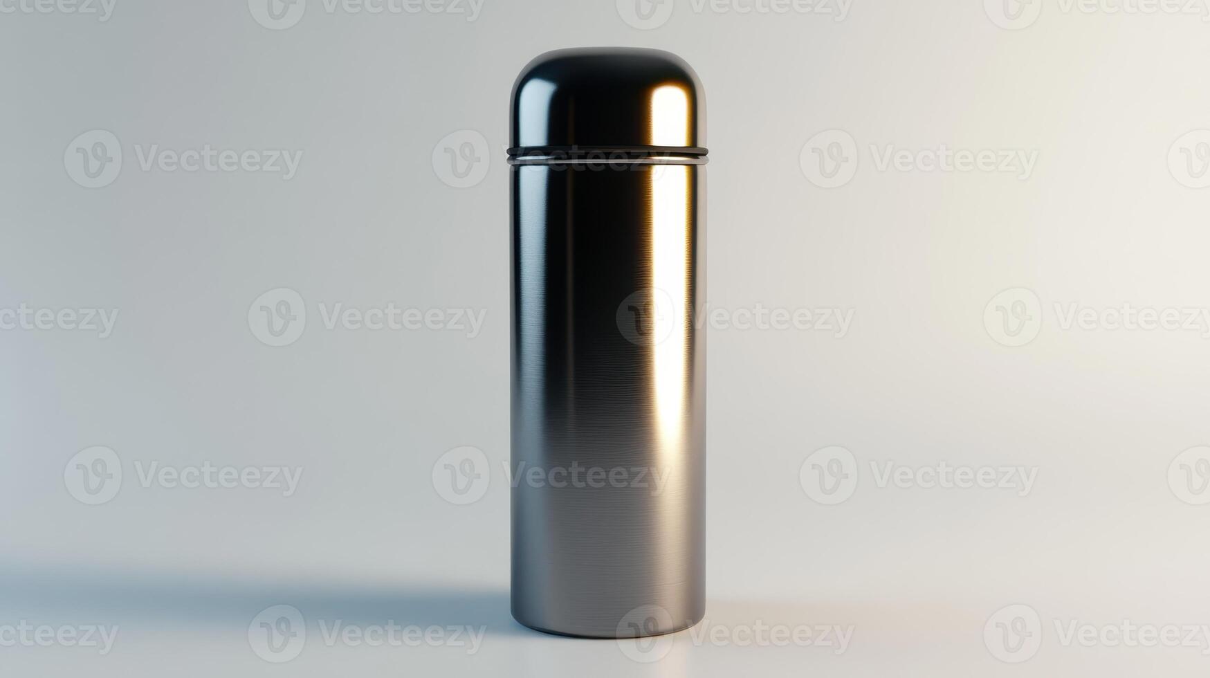 Stainless steel thermos standing upright on a light background, showcasing its sleek design and polished surface in an indoor setting photo