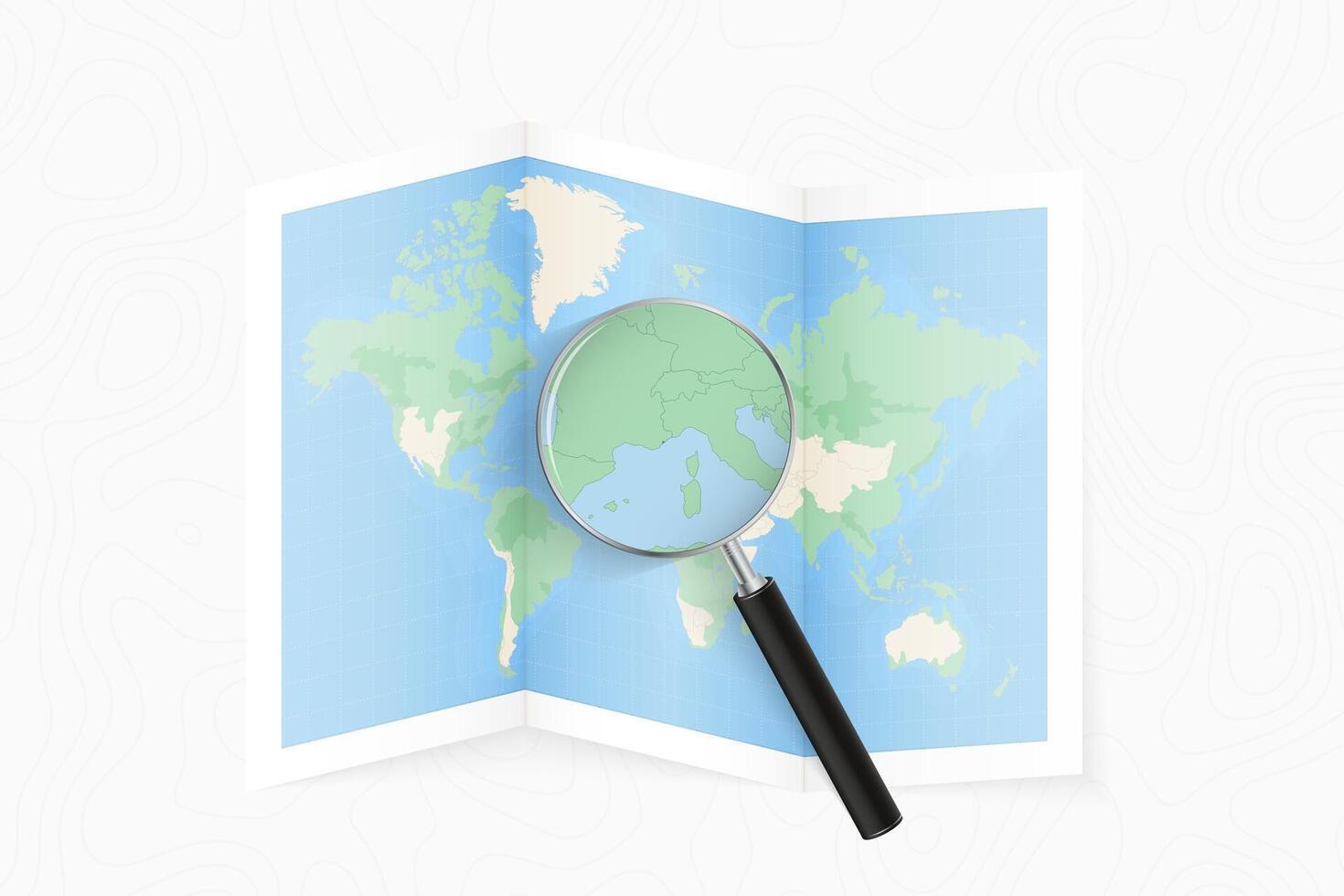 Enlarge Monaco with a magnifying glass on a folded map of the world. vector
