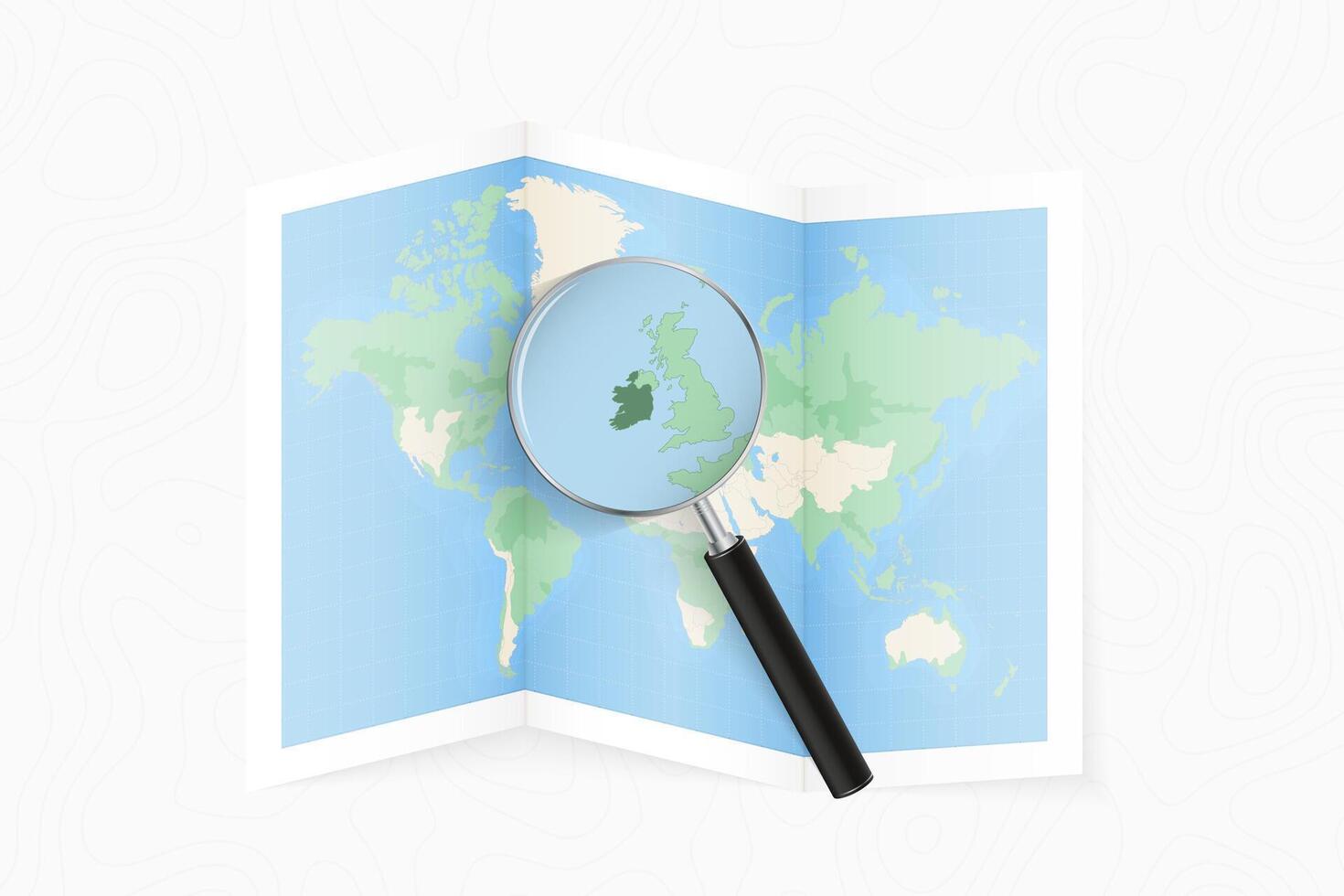 Enlarge Ireland with a magnifying glass on a folded map of the world. vector