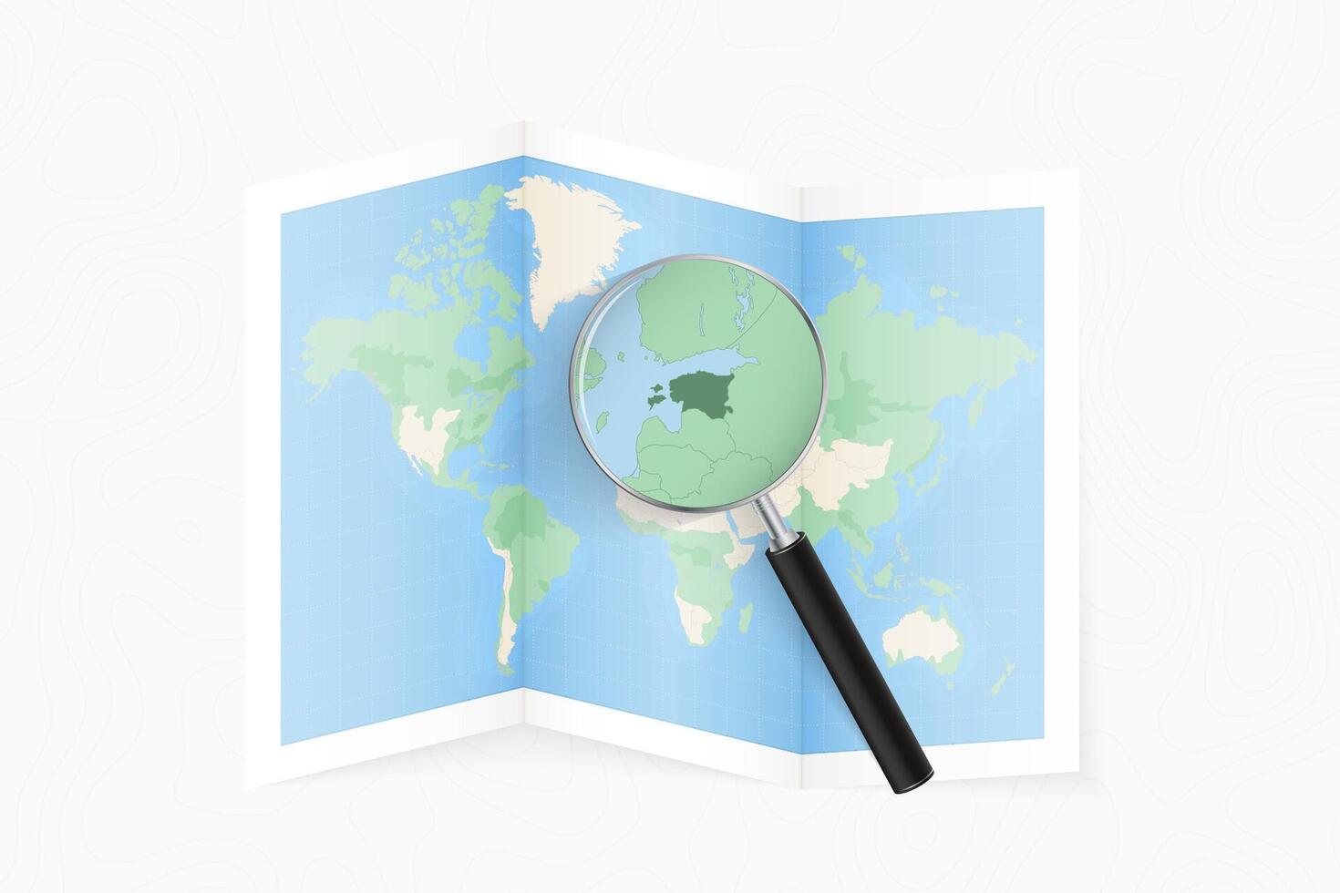Enlarge Estonia with a magnifying glass on a folded map of the world. vector